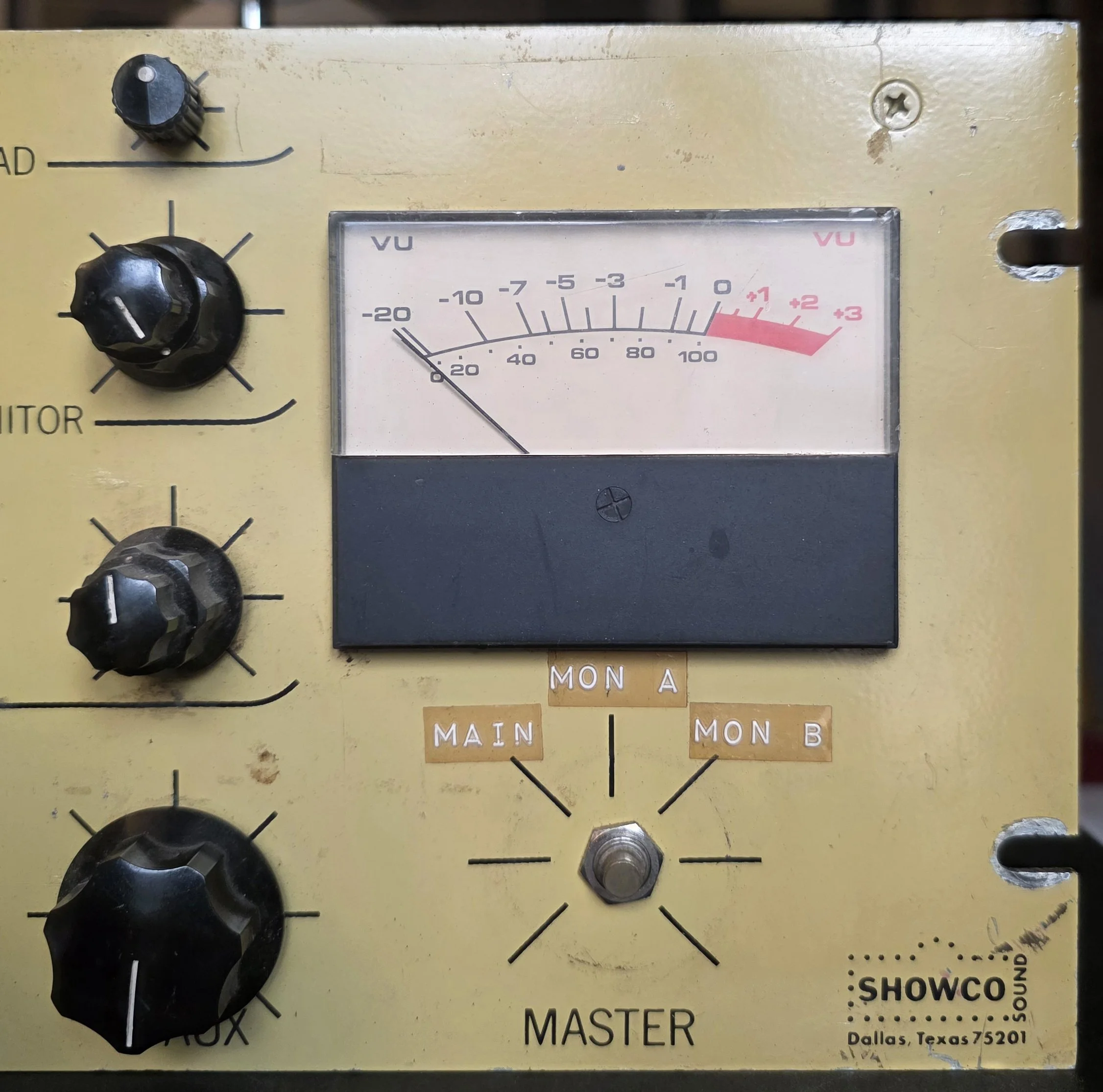 VU meter and master controls on the donated 1977 Showco yellow mixer.