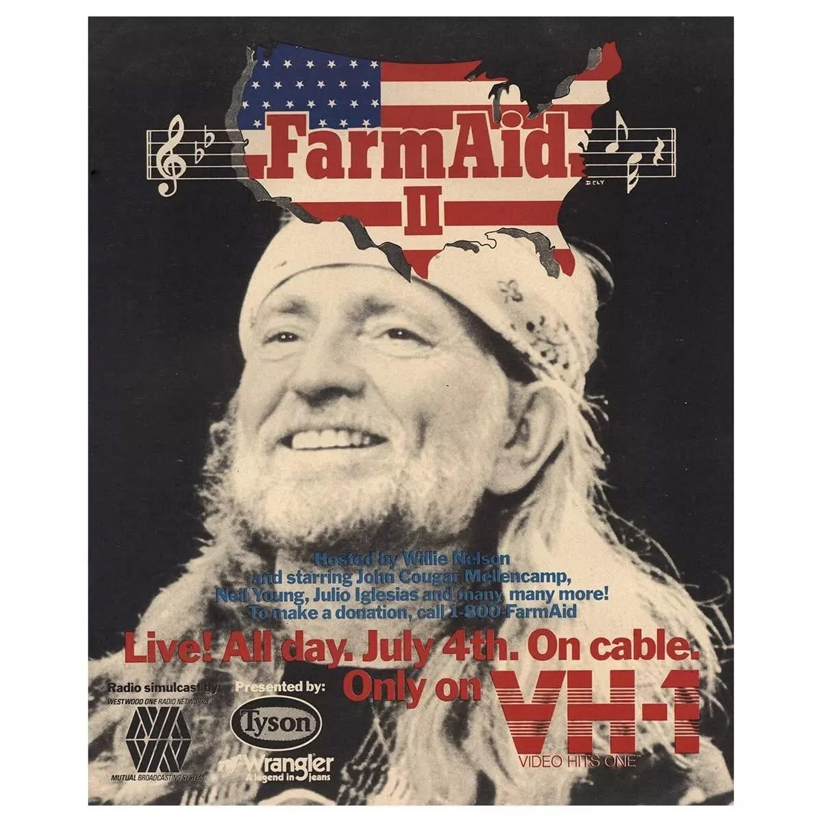 Farm Aid II promotional poster, 1986, advertising the July 4 VH-1 broadcast hosted by Willie Nelson.
