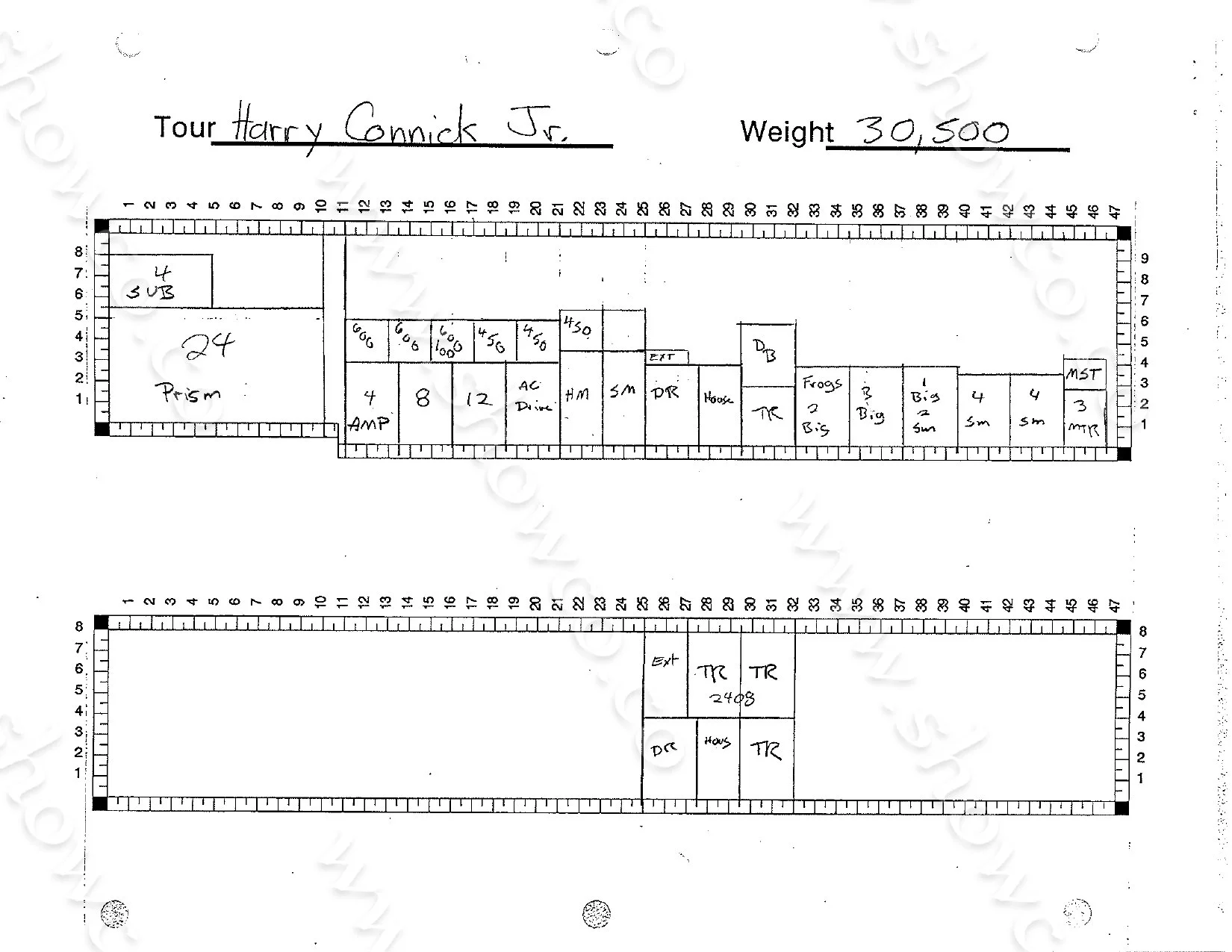 Harry Connick Jr. 1992 console layout with handwritten channel groupings.