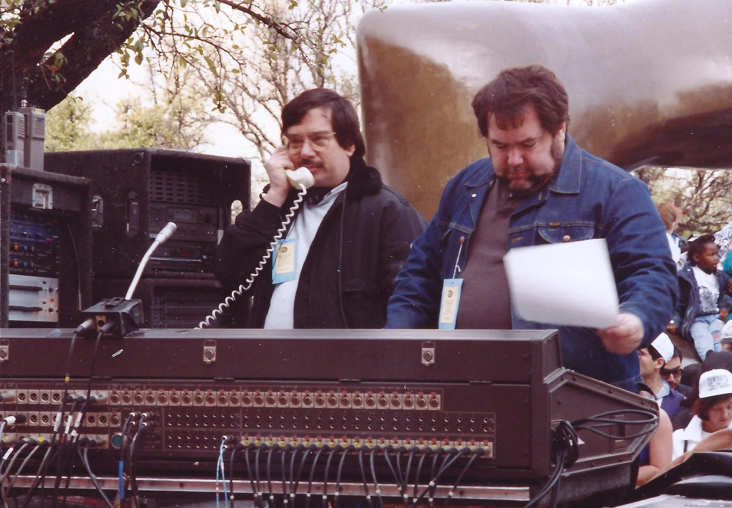 Showco alumni Chuck Conrad and Pete Stauber at the console during an outdoor show. Courtesy of Chuck Conrad.