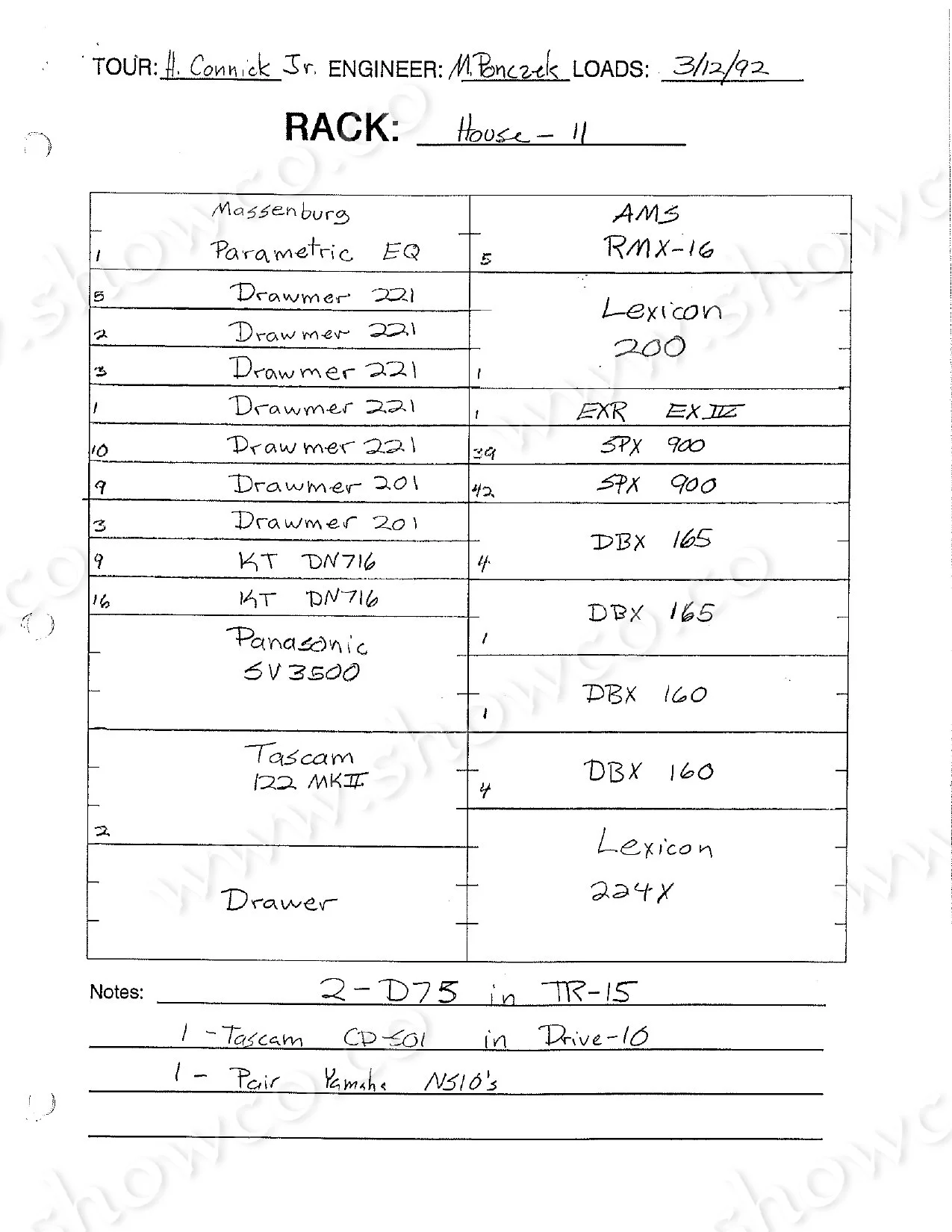 Harry Connick Jr. 1992 equipment rack assignments and production notes.