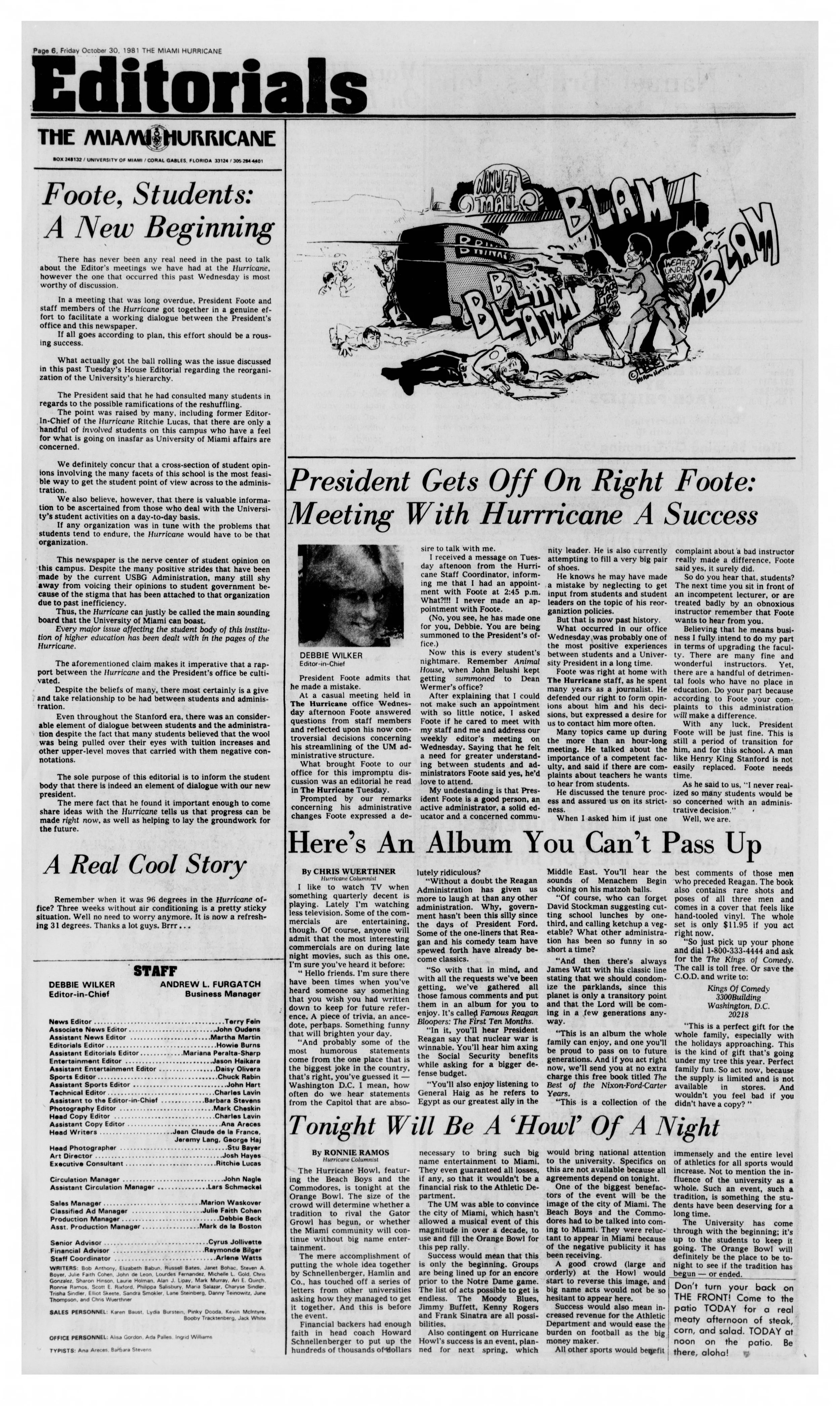 “Tonight Will Be a ‘Howl’ of a Night,” by Ronnie Ramos, published in The Miami Hurricane on October 30, 1981. The column previews the Hurricane Howl concert featuring the Beach Boys and the Commodores at the Miami Orange Bowl.