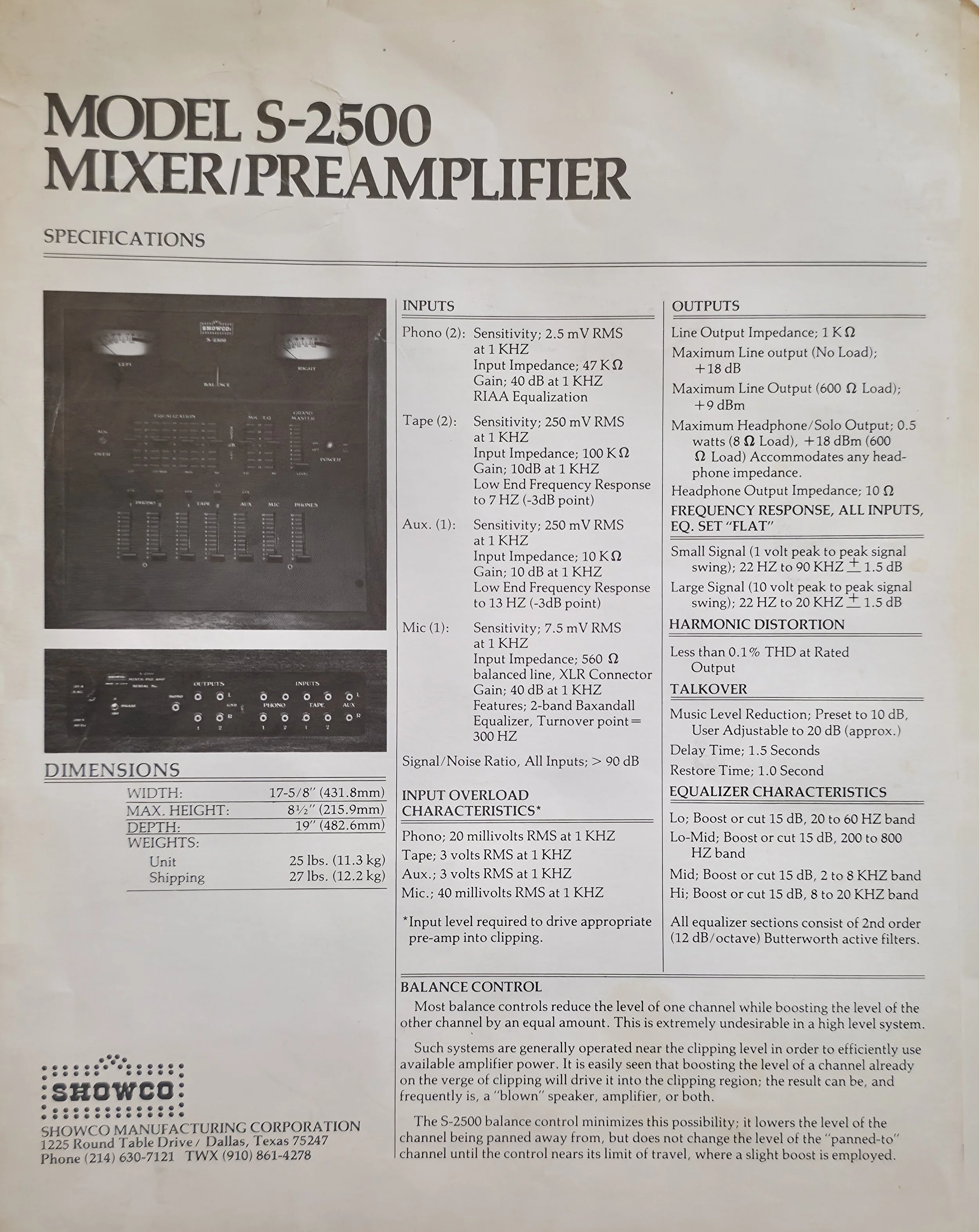 Showco Model S-2500 mixer/preamplifier - specifications.