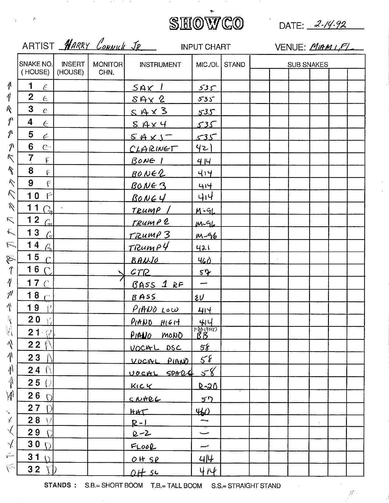 Harry Connick Jr. handwritten input chart, page 1, listing instrument channels.