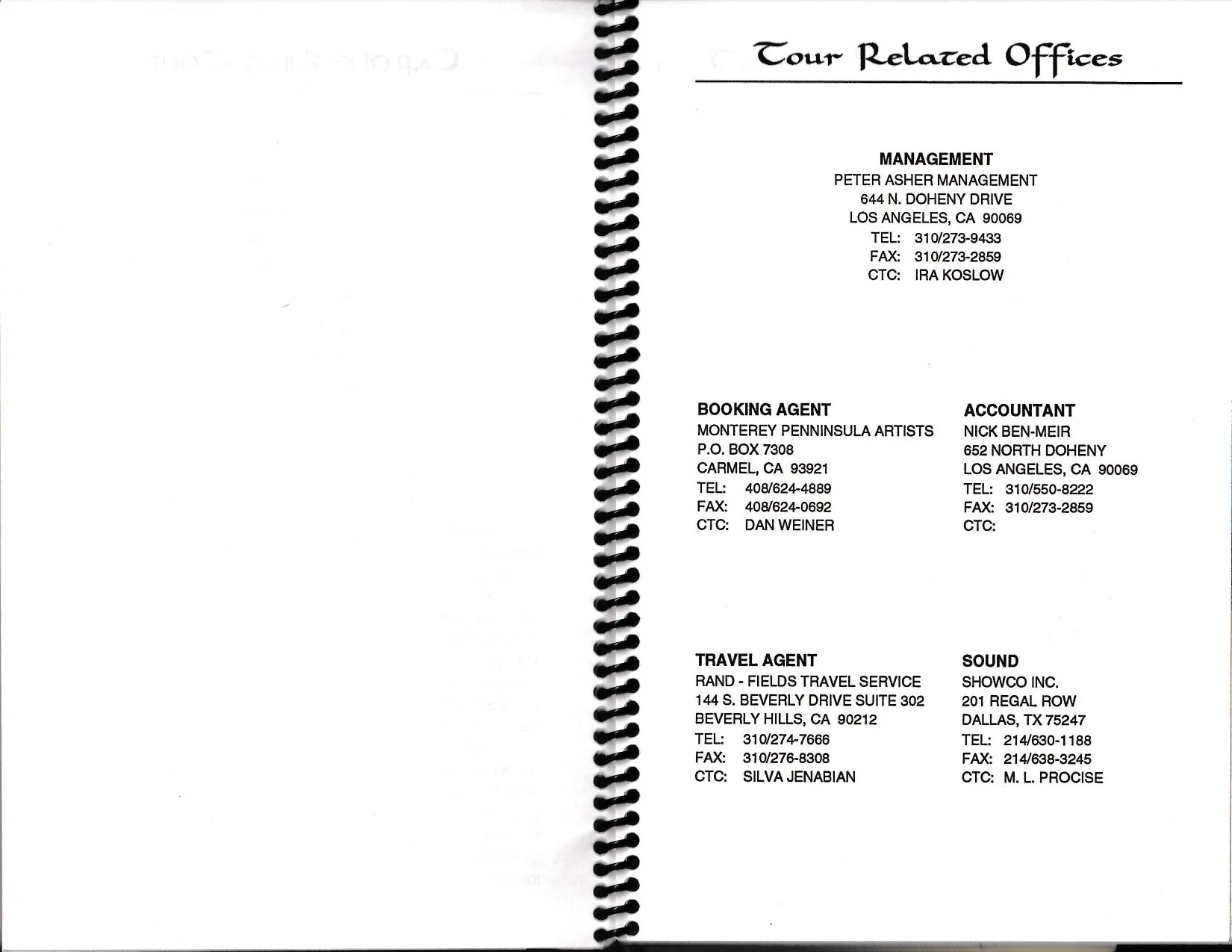 Carole King’s 1993 Colour of Your Dreams tour itinerary: management and tour contacts.