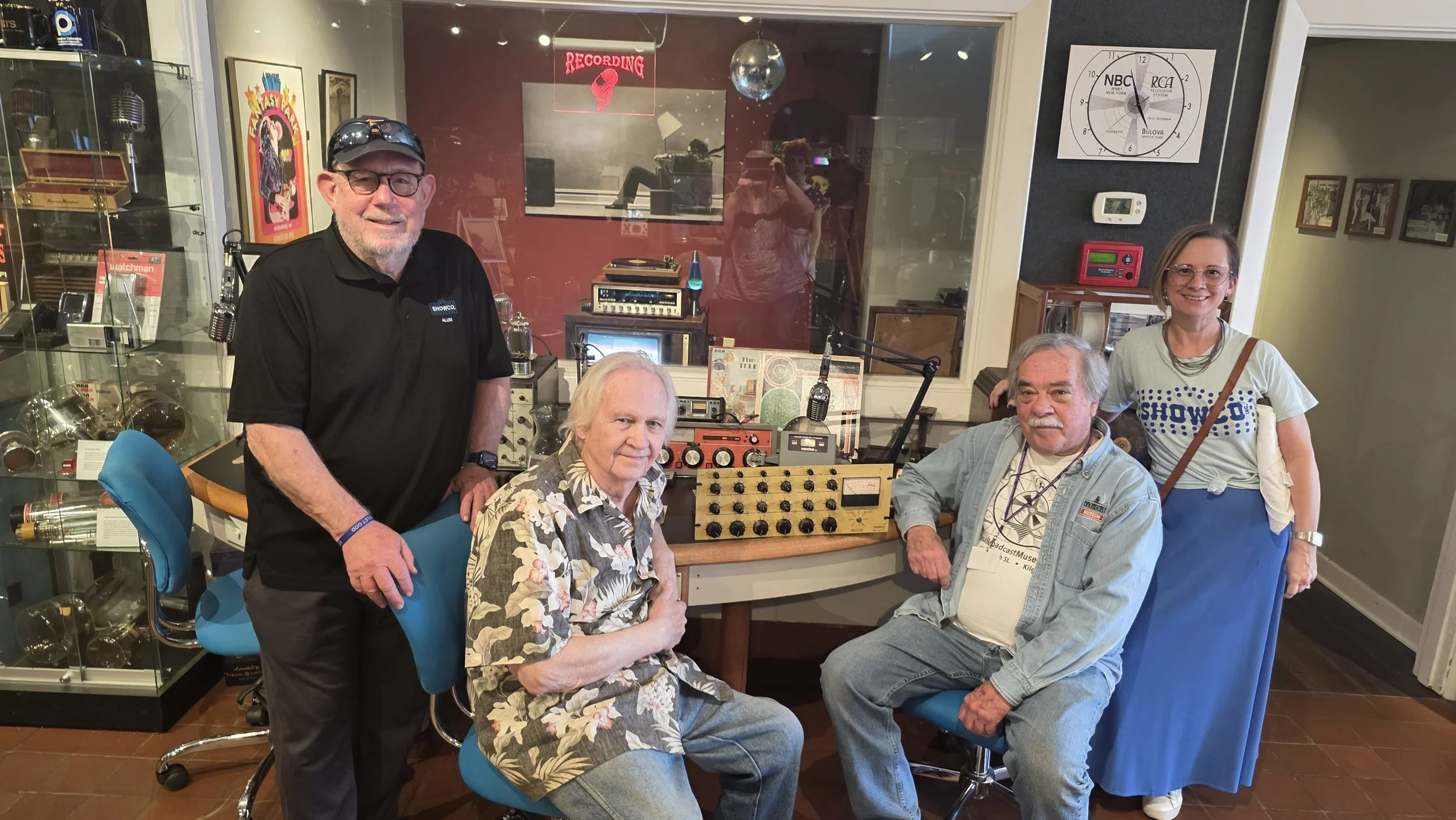A piece of Showco history arrives in Kilgore. Showco Archives donated this original 1977 Showco Yellow Mixer to the Texas Broadcast Museum for preservation and public display. Pictured L-R: Mike Ponczek, Doc Gans, Chuck Conrad, Indigo K-May 2026