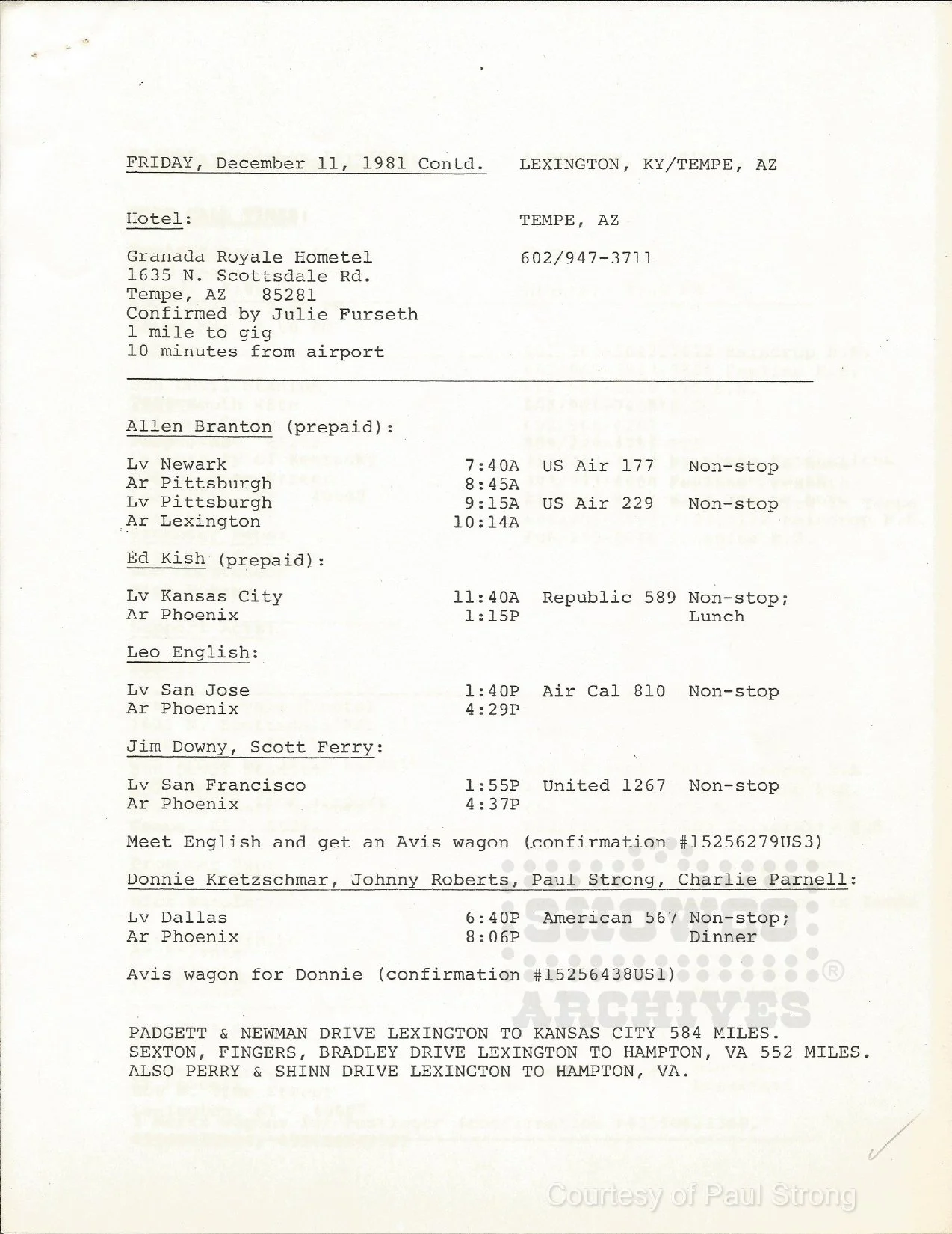 Scanned Rolling Stones itinerary for December 11, 1981, listing crew flights to Tempe, Arizona; contributed by Paul Strong.