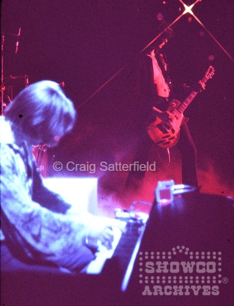 John Paul Jones at the keyboards with Jimmy Page behind him during Led Zeppelin’s 1973 tour. Photograph by Craig Satterfield.