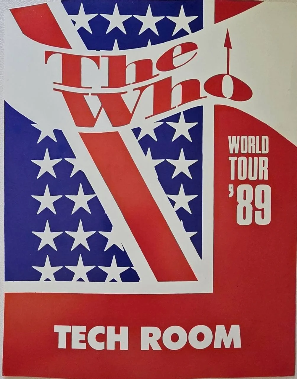The Who World Tour ’89 “Tech Room” sign, printed on 8.5 × 11-inch cardstock. From the collection of Showco alumnus Joey Chardukian.