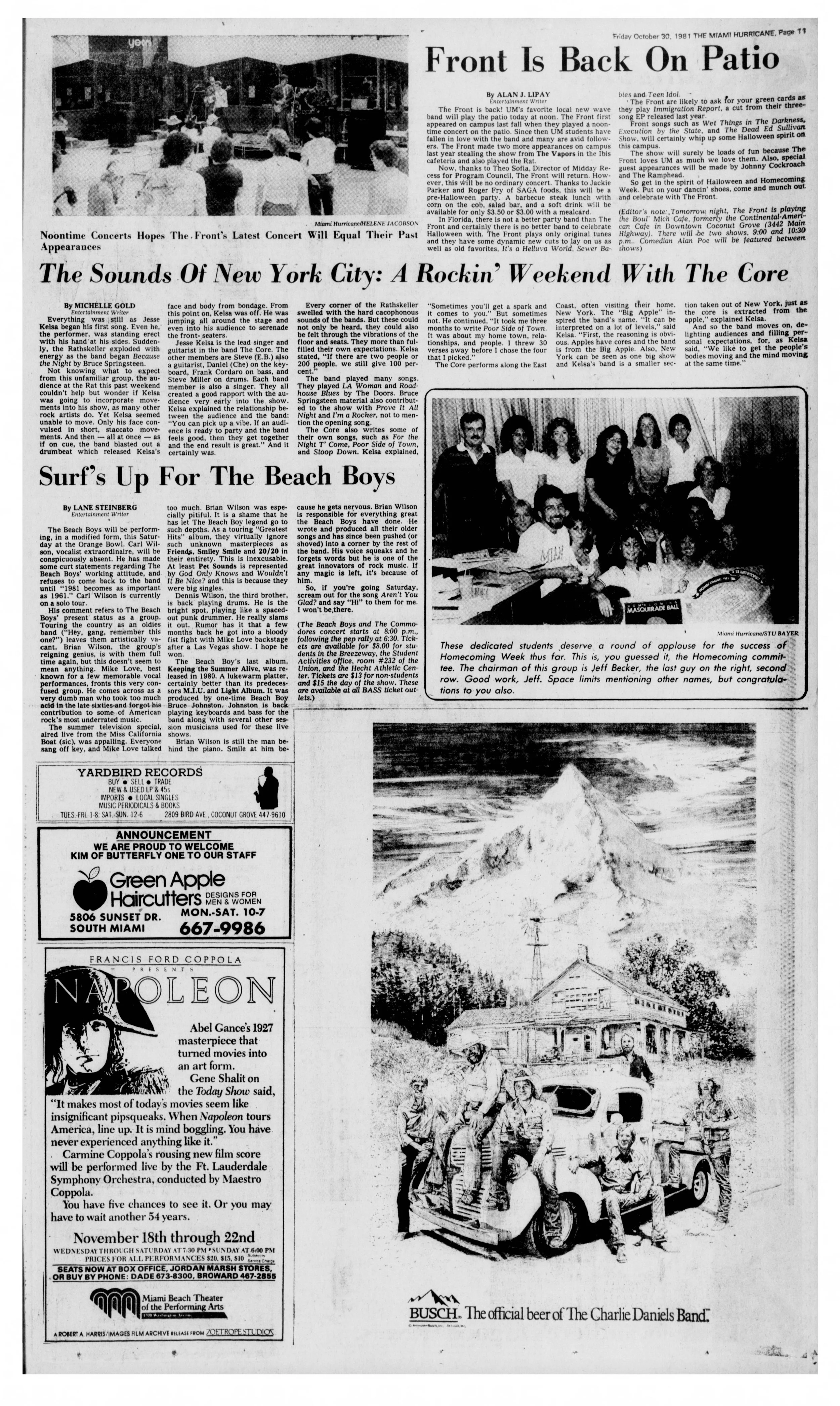 “Surf’s Up for the Beach Boys,” by Lane Steinberg, published in The Miami Hurricane on October 30, 1981. The article previews the Beach Boys’ Orange Bowl appearance with the Commodores during the University of Miami’s Hurricane Howl festivities.