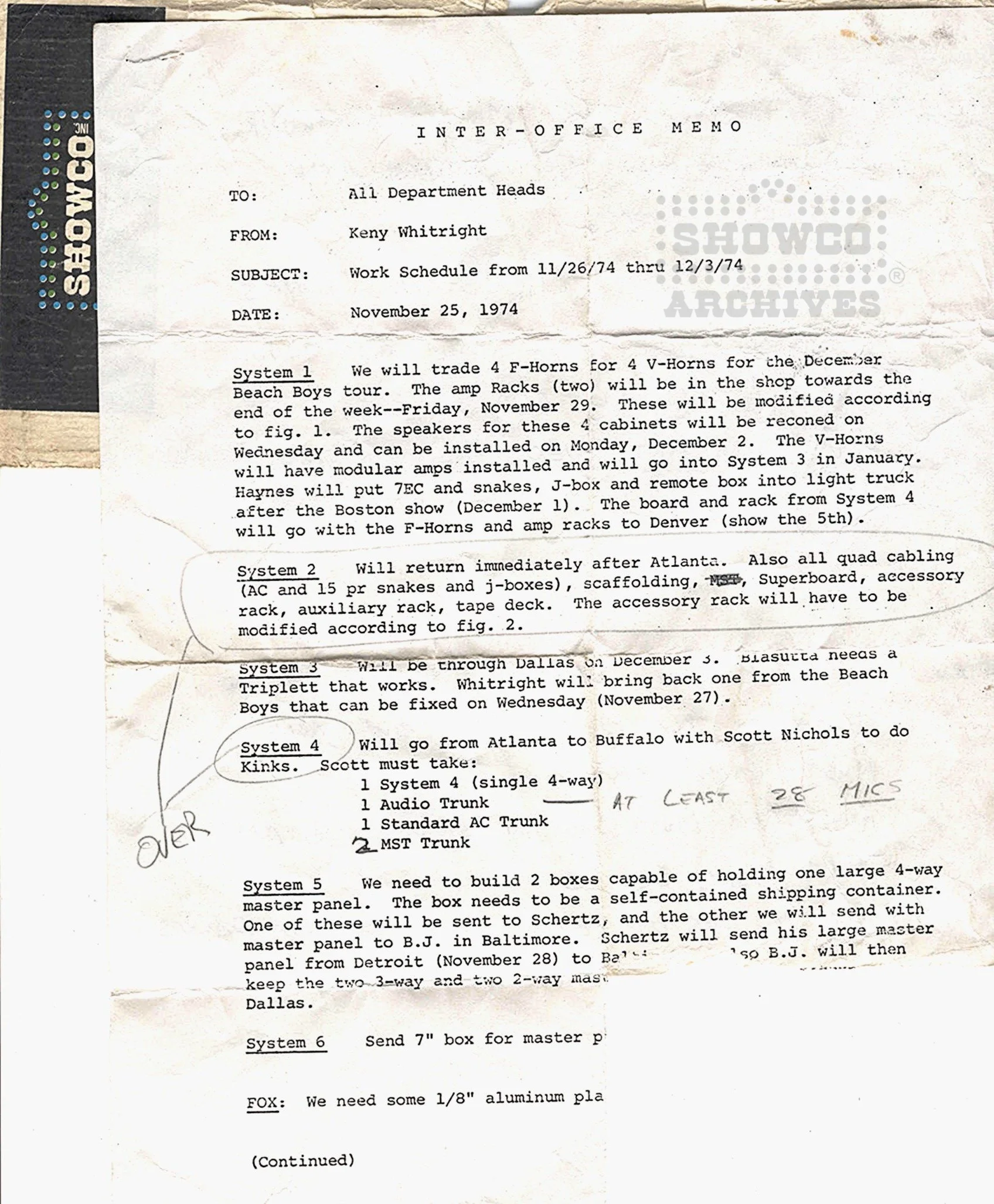 1974 inter-office memo re:Beach Boys equipment. From: Keny Whitright