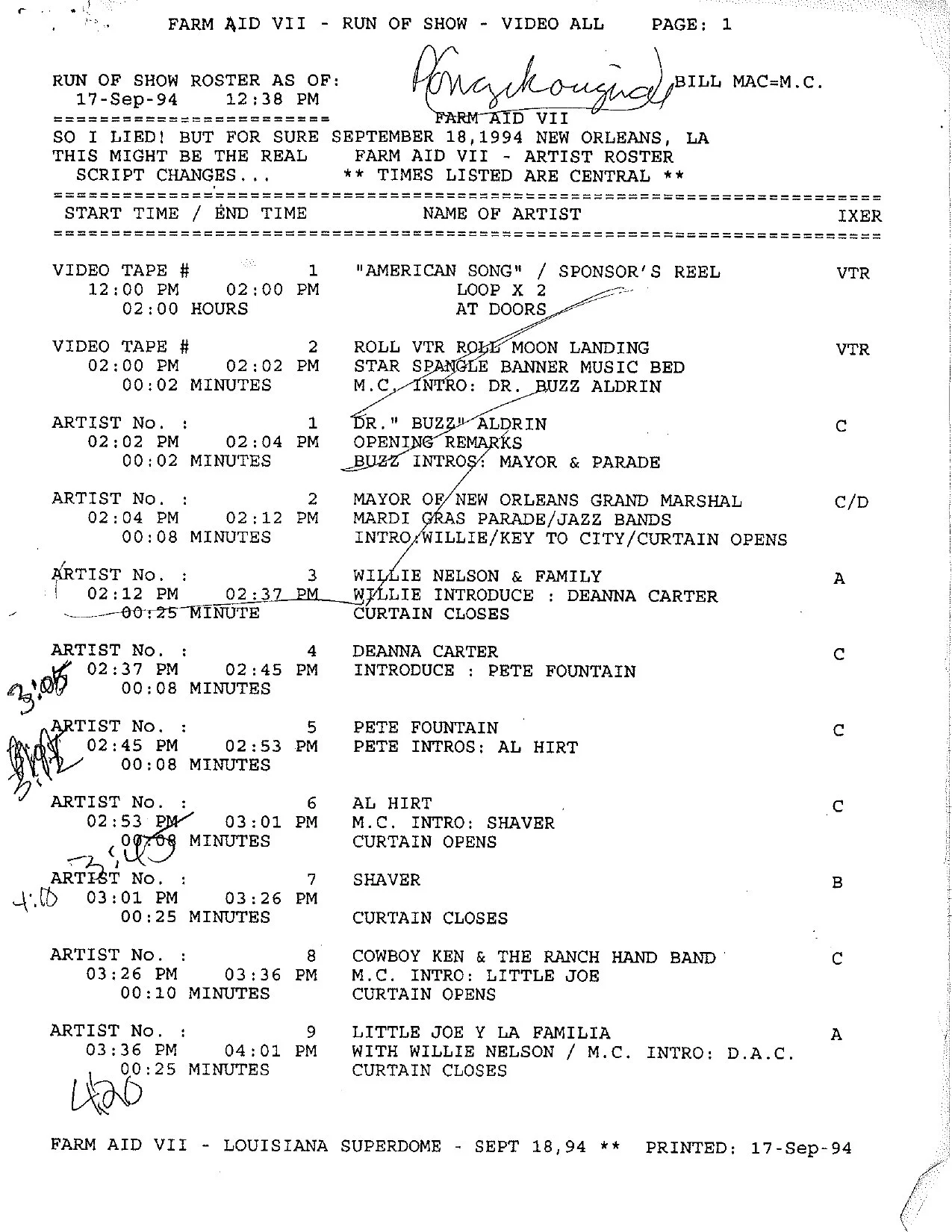 Farm Aid VII run-of-show, page 1 — September 18, 1994, Louisiana Superdome, New Orleans. Opening cues and afternoon performance times, with handwritten production notes.
