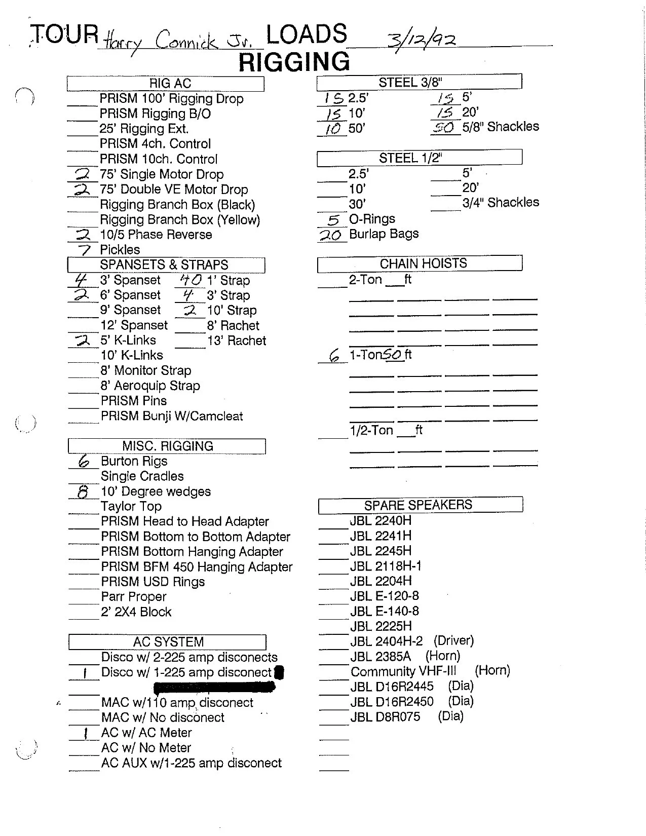 Harry Connick Jr. 1992 tour-system equipment checklist, page 8.