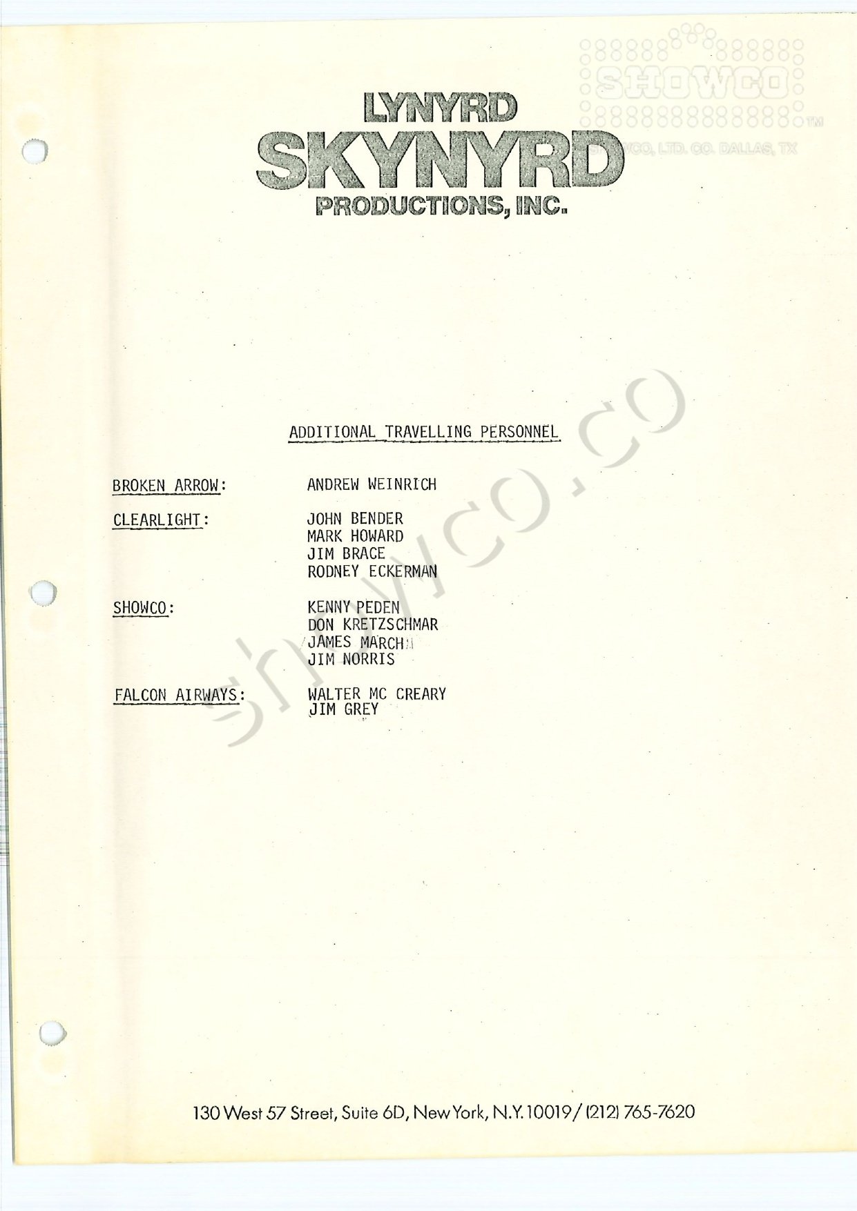 Lynyrd Skynyrd Productions additional travelling personnel roster listing Kenny Peden, Don Kretzschmar, James March, and Jim Norris under SHOWCO. This is a tour roster, not a crash passenger manifest.