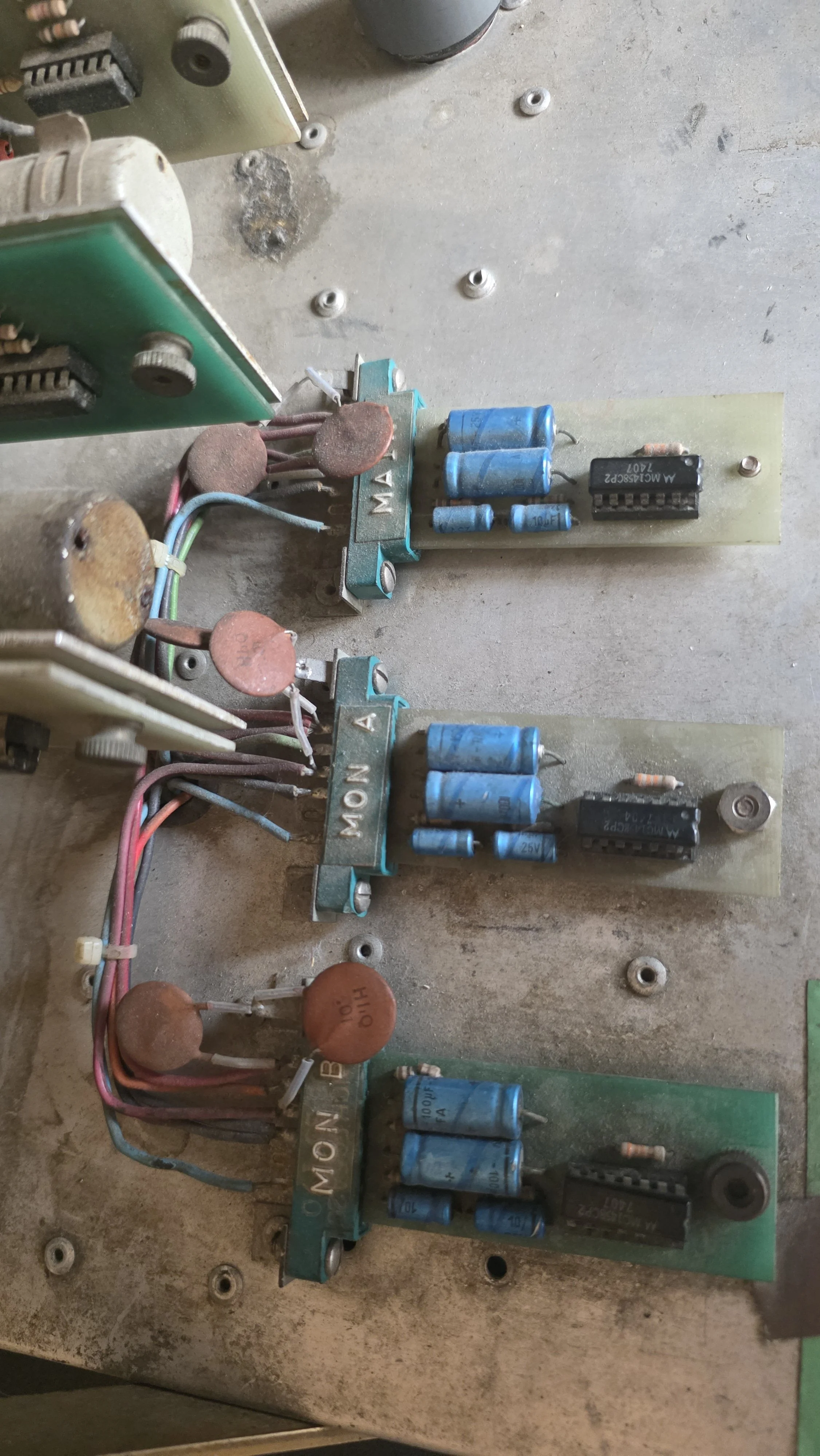 Power supply and internal circuitry of the donated 1977 Showco yellow mixer.