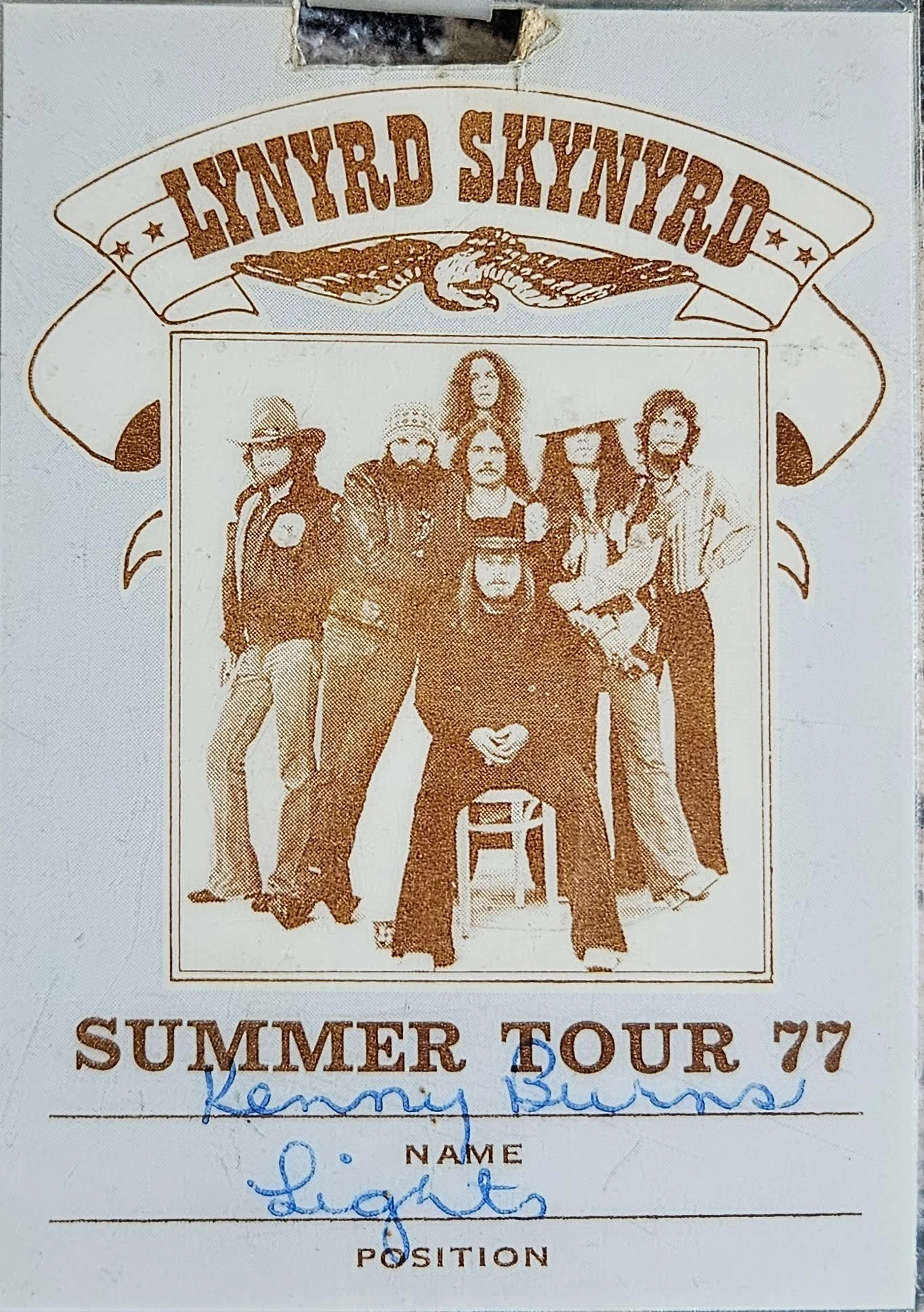 Lynyrd Skynyrd 1977 Summer Tour crew laminate (Ken Byrnes) - available in Swag Shop