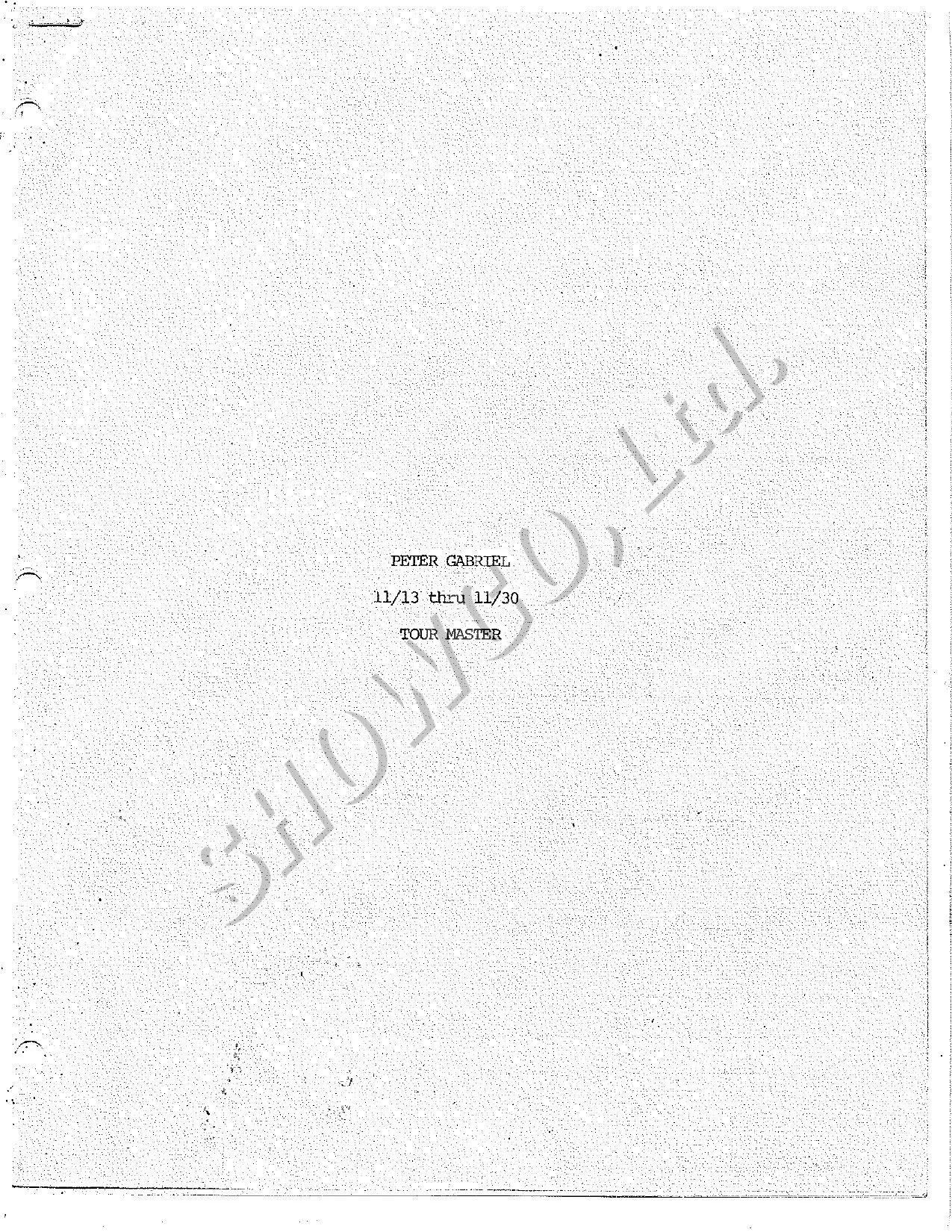 Peter Gabriel Tour Master Cover sheet 1978