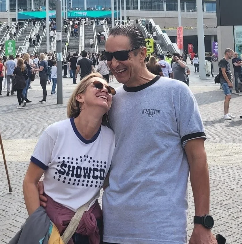 Indigo & Gilberto May III at Taylor Hawkins Tribute - Wembley Stadium, UK (Showco David Bowie 1976 shirt and Led Zeppelin 1979 Knebworth crew shirt)