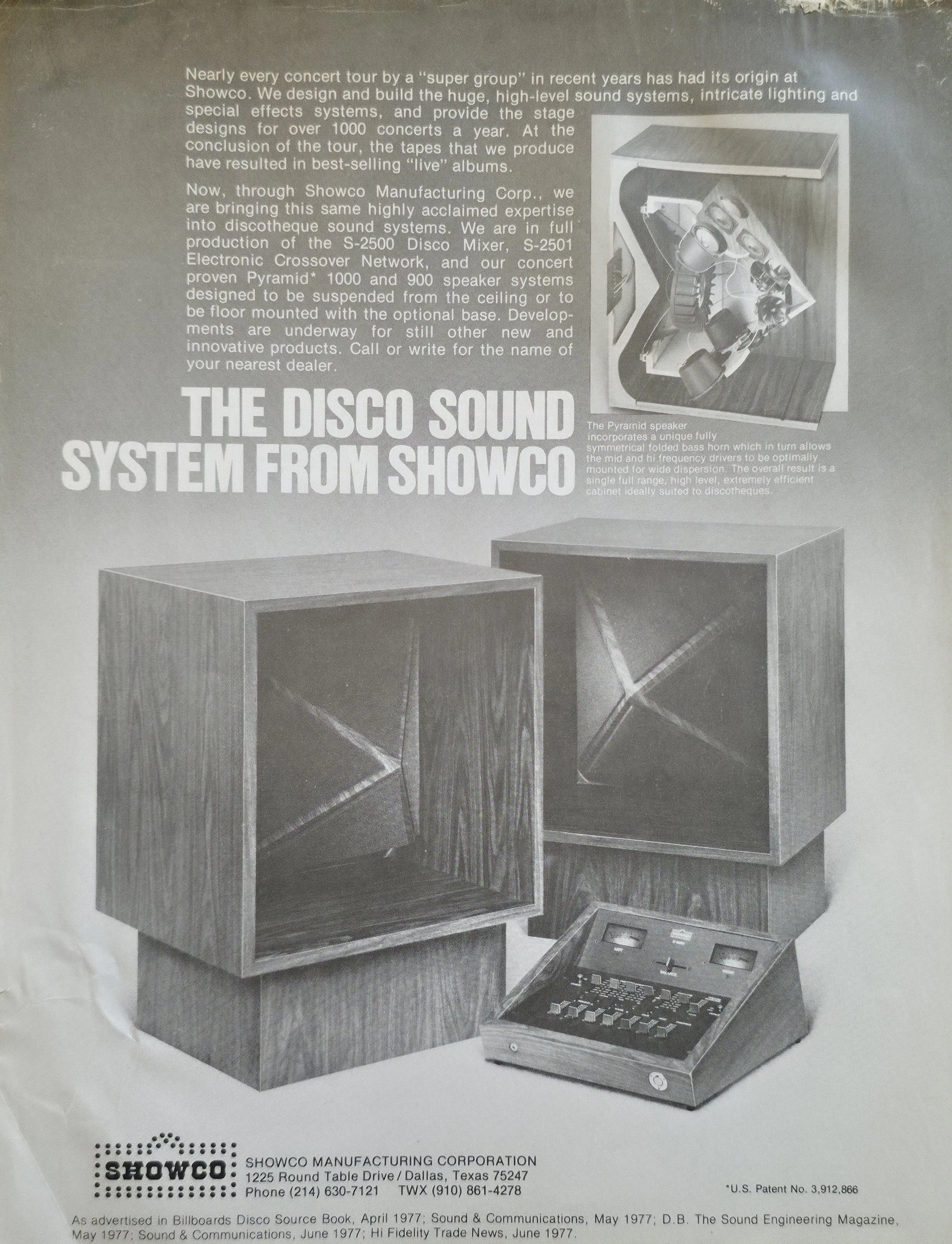 The Disco Sound System from Showco - Showco Manufacturing Corporation product literature with 1977 advertising references.
