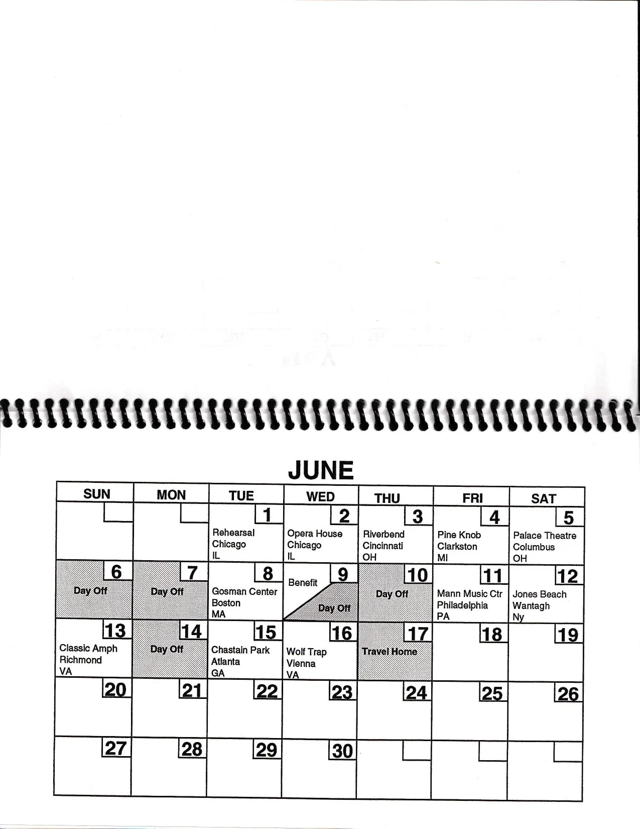 Carole King’s 1993 Colour of Your Dreams tour itinerary: June calendar.