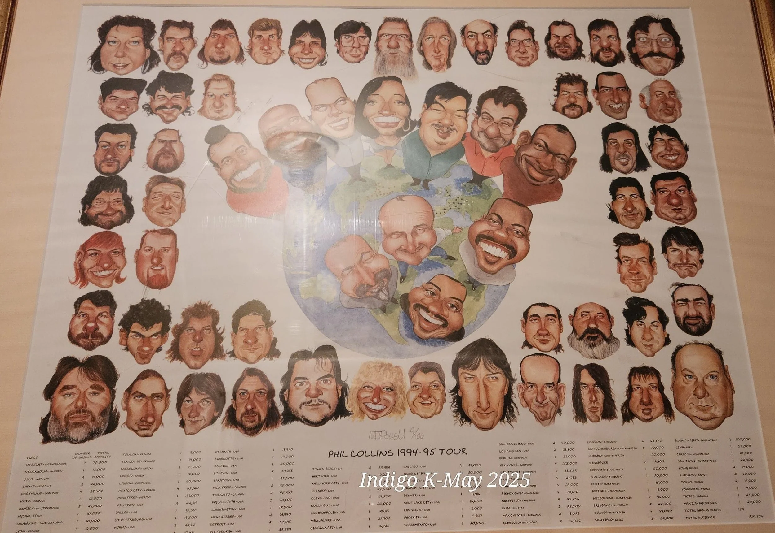 Framed Phil Collins 1994–95 Tour caricature portrait of the touring company around a globe. Joey Chardukian Collection