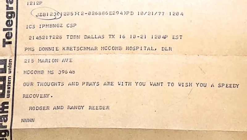 Telegram addressed to Donnie Kretzschmar after the 1977 Lynyrd Skynyrd plane crash.