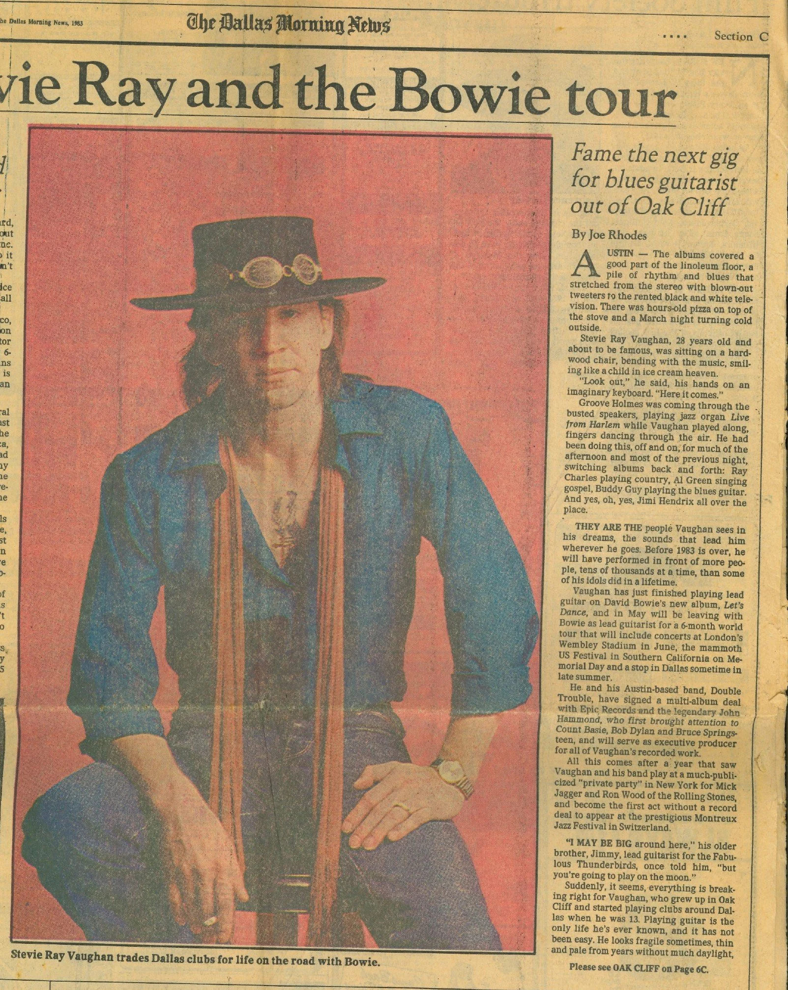 April 17, 1983 Dallas Morning News article featuring Stevie Ray Vaughan and David Bowie’s upcoming tour, with a large portrait of Vaughan.