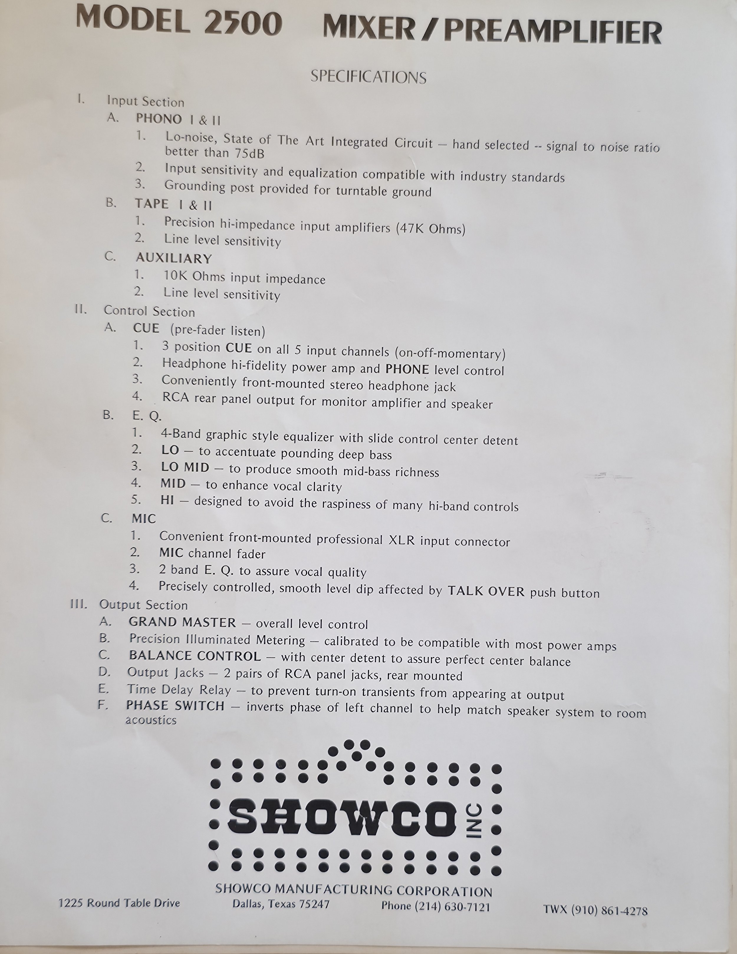 Showco Model 2500 mixer/preamplifier - specifications.