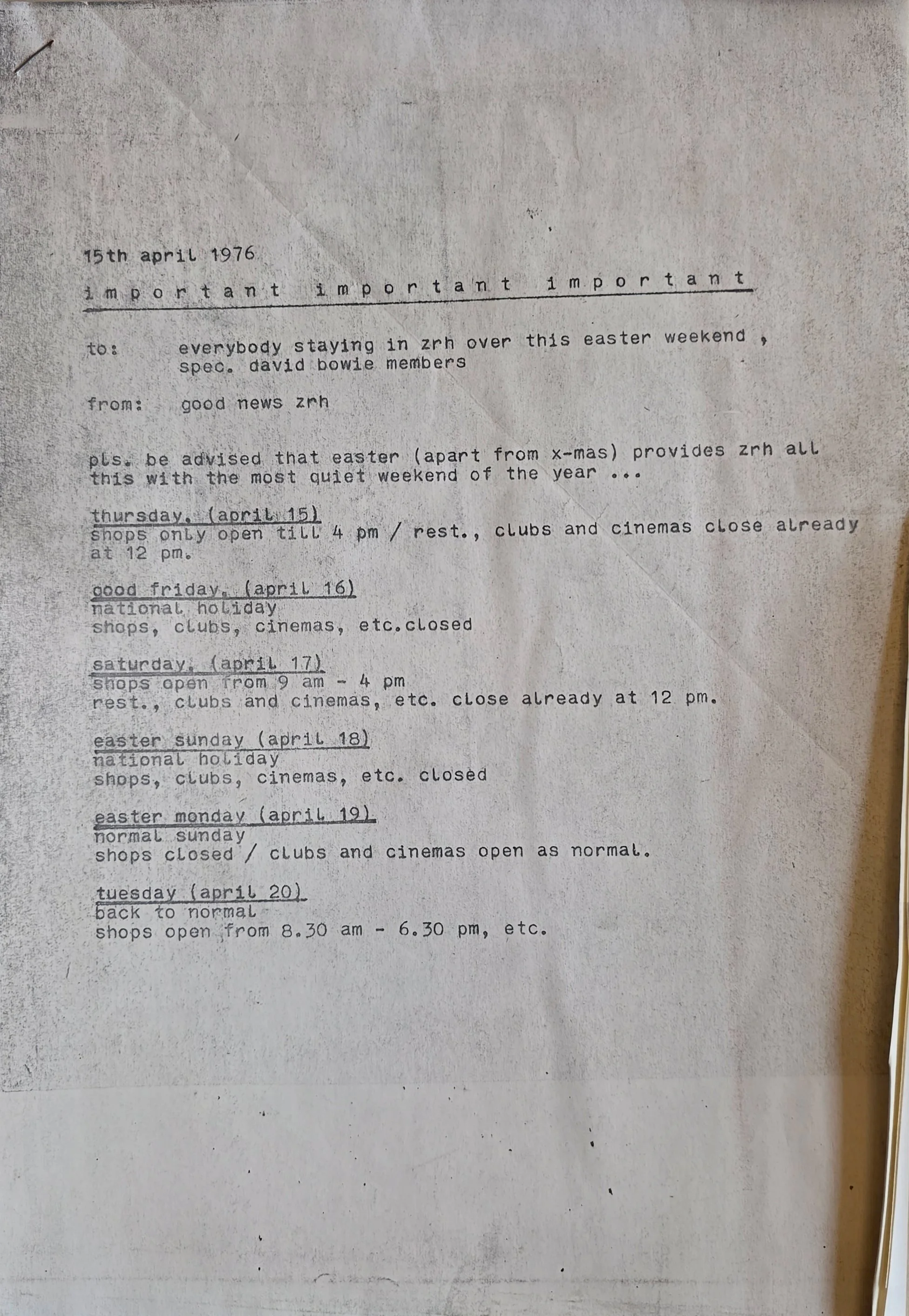 David Bowie 1976 Good News Itinerary Easter Memo - courtesy of Sizemore Estate