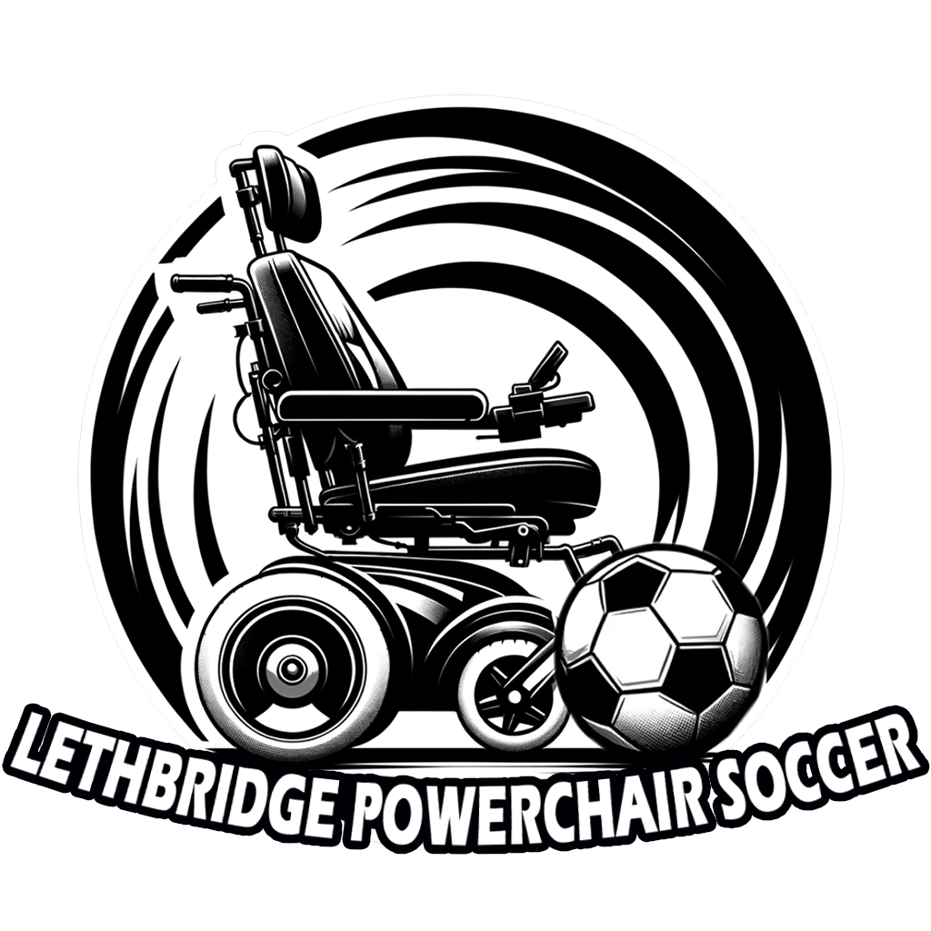 Logo of Lethbridge Powerchair Soccer featuring a black and white power wheelchair with a soccer ball in front of it and the text "LETHBRIDGE POWERCHAIR SOCCER" at the bottom.