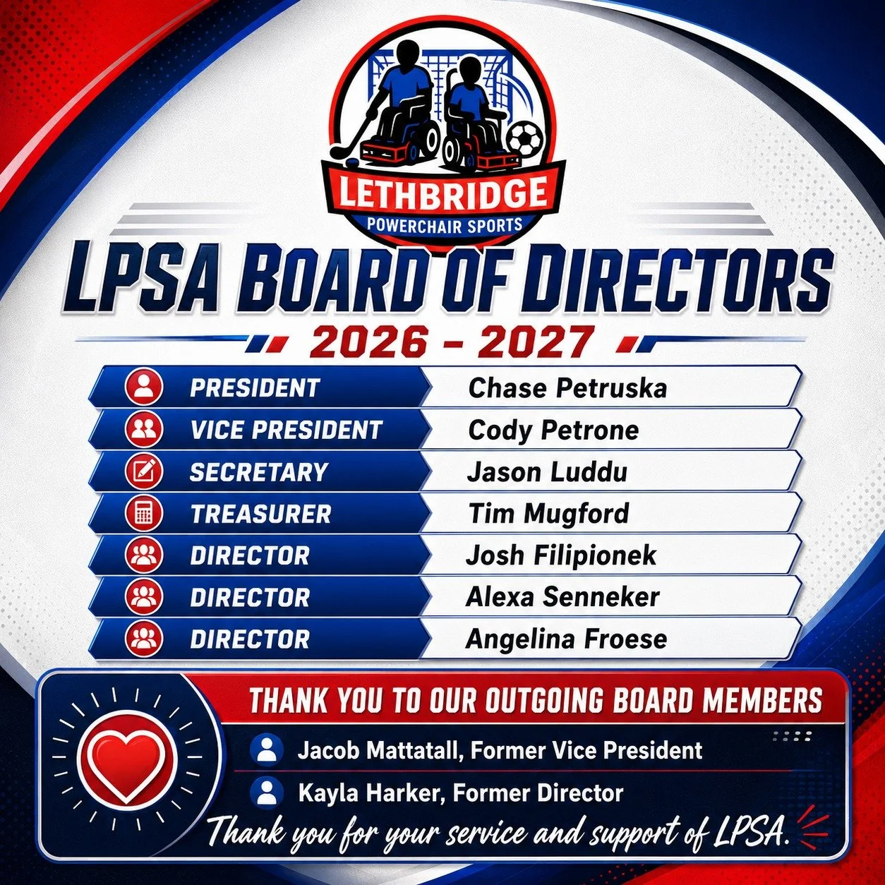 Following our 2026 Annual General Meeting, Lethbridge Powerchair Sports Association is excited to introduce our 2026-2027 Board of Directors!

We are excited to continue building on LPSA&rsquo;s first year by growing opportunities in powerchair hocke