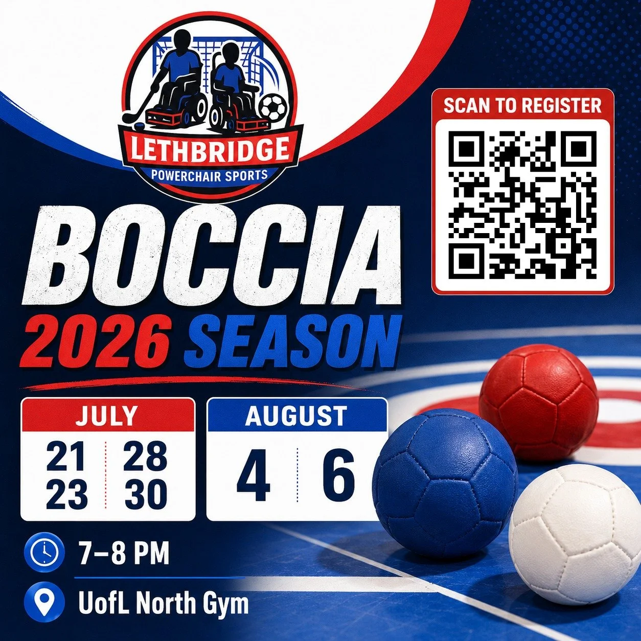 Boccia is coming to Lethbridge Powerchair Sports!

We are excited to launch our inaugural 2026 Boccia season at the UofL North Gym.

📅 Dates:
July 21, 23, 28, 30
August 4, 6

⏰ Time: 7:00 to 8:00 PM
📍 Location: UofL North Gym

Boccia is an inclusiv