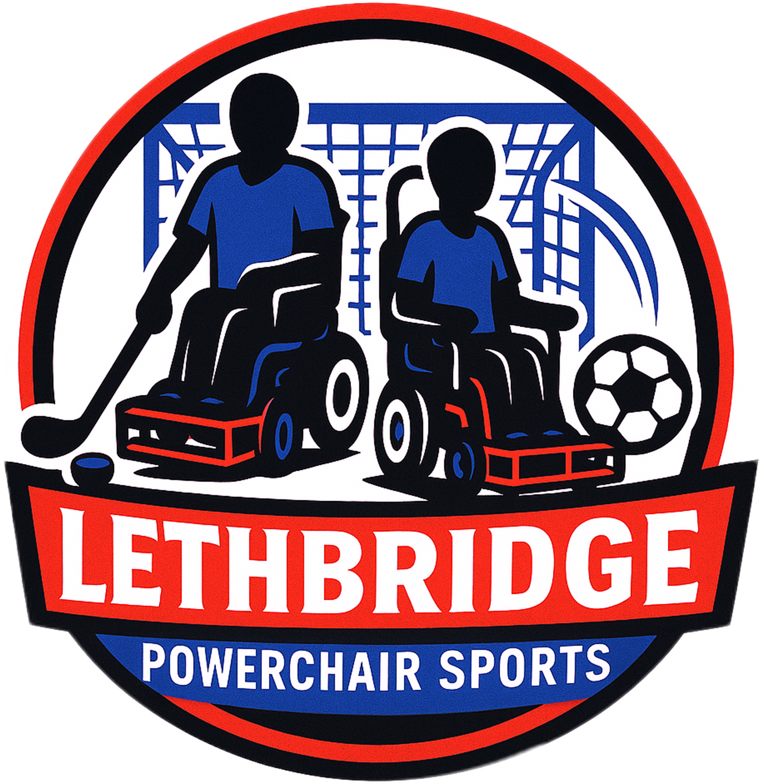 Logo for Lethbridge Powerchair Sports featuring two people in wheelchairs playing power hockey with a stick and a soccer ball.
