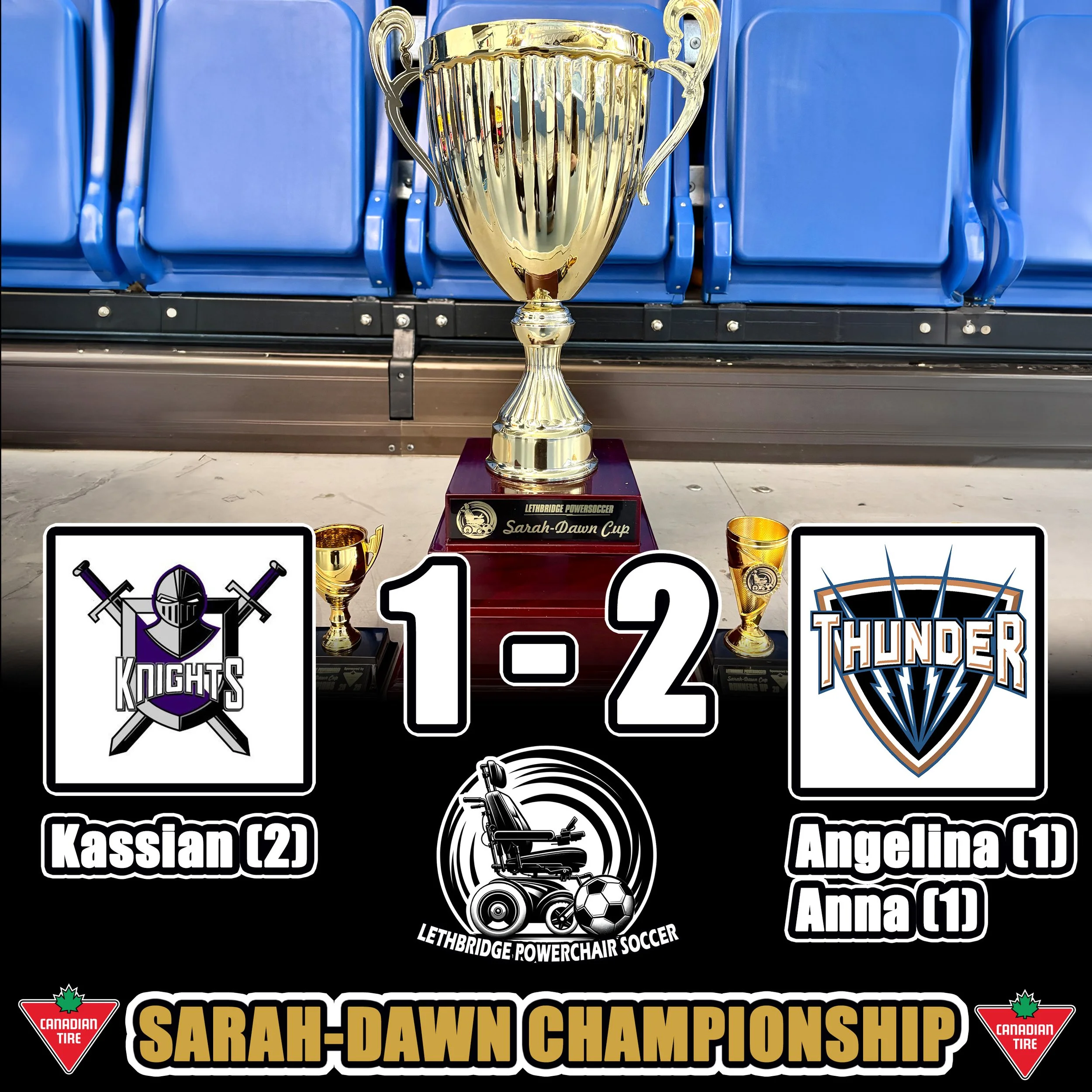 A soccer trophy in the center with two smaller trophies on either side, placed on a soccer field with blue stadium seats in the background. The image features logos of Knights and Thunder soccer teams, with the score 1-2, and the event title Sarah-Dawn Championship along with sponsor logos at the bottom.