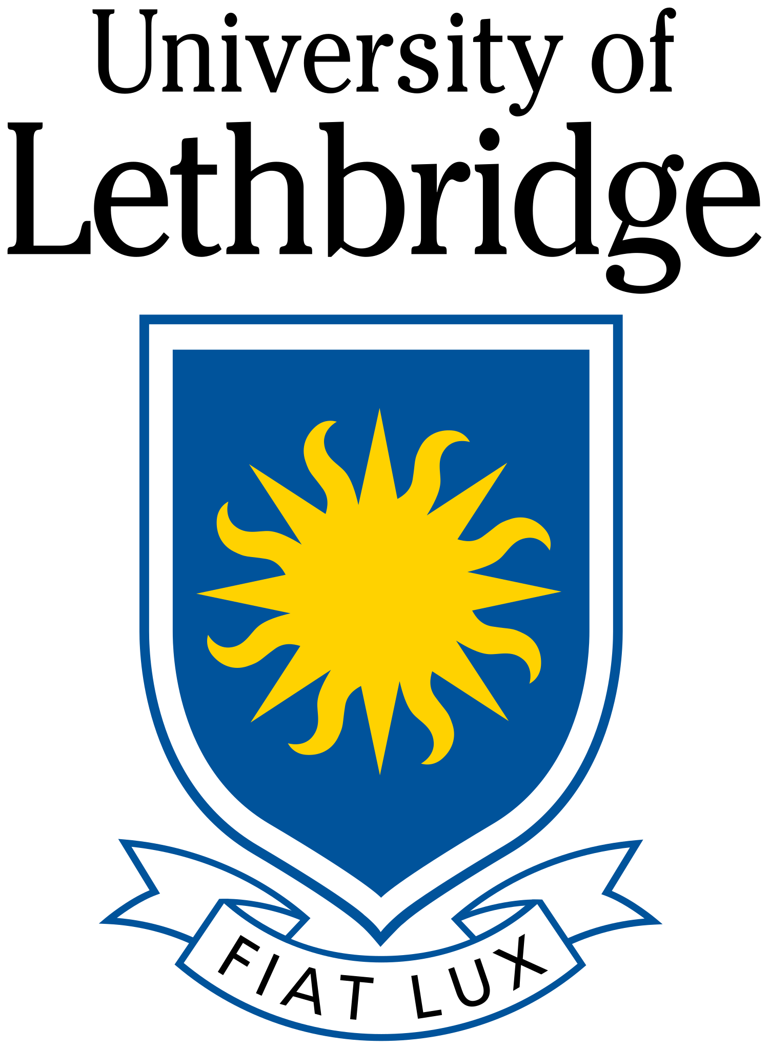 A shield-shaped emblem with a yellow sunburst on a blue background, bordered in white and blue, featuring a white banner with the Latin motto 'FIAT LUX' at the bottom.