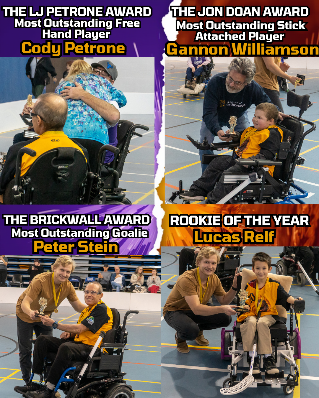 Collage of four award ceremony photos showing children in wheelchairs receiving awards from adults. The first photo shows a child hugging a woman, the second a man awarding a boy, the third a boy receiving a trophy from a man, and the fourth a boy in a wheelchair with a man kneeling beside him, both smiling and holding trophies. Text overlays indicate awards: 'The LJ Petrone Award,' 'The Jon Doan Award,' 'The Brickwall Award,' and 'Rookie of the Year.'