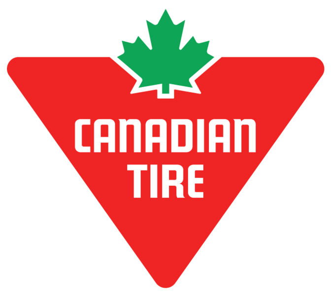 Red triangular logo with a green maple leaf at the top and the words "Canadian Tire" in white inside the triangle.