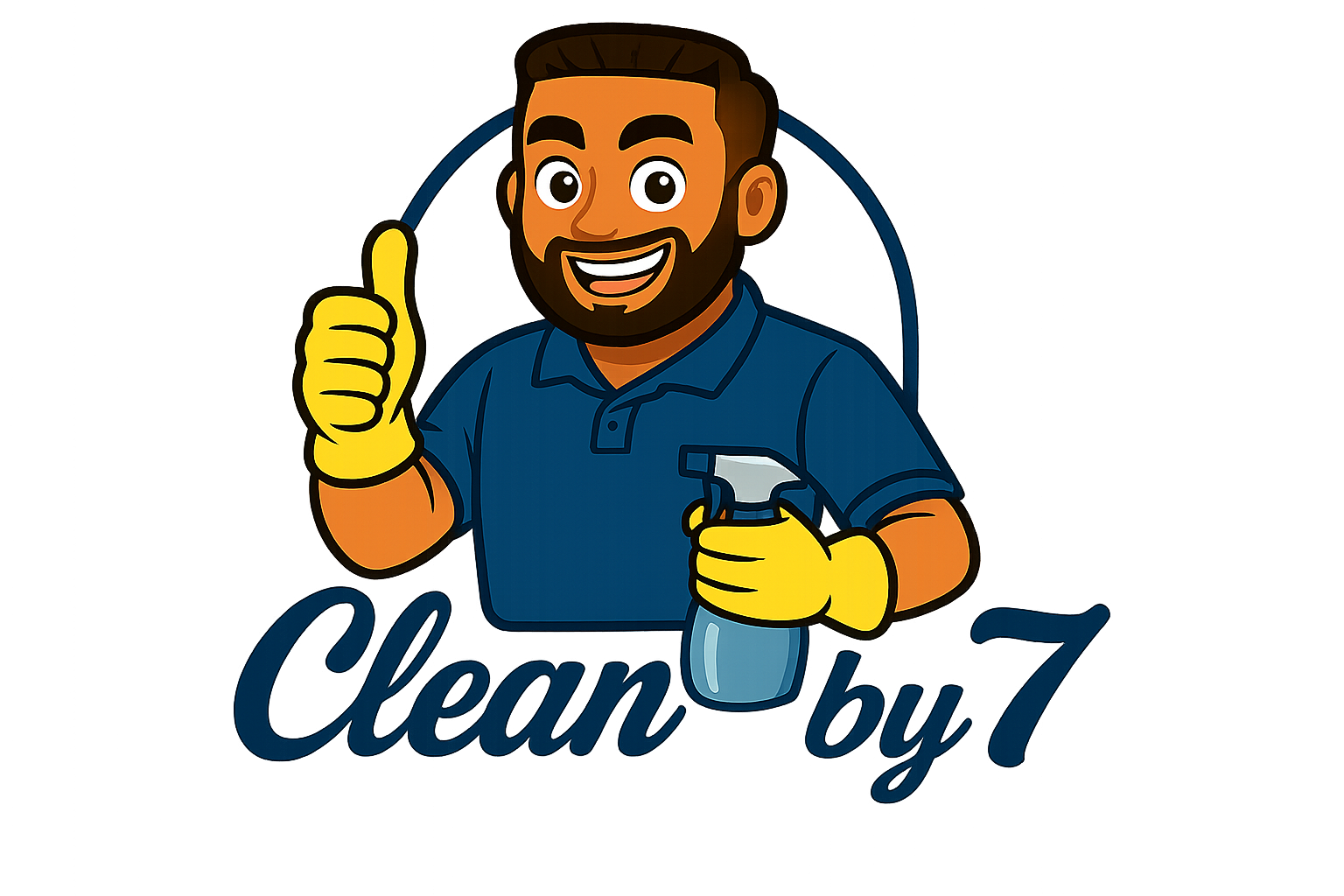Cartoon man with a beard in a blue shirt and yellow gloves holding a spray bottle and giving a thumbs-up sign, with the text "Clean by 7" in the background.