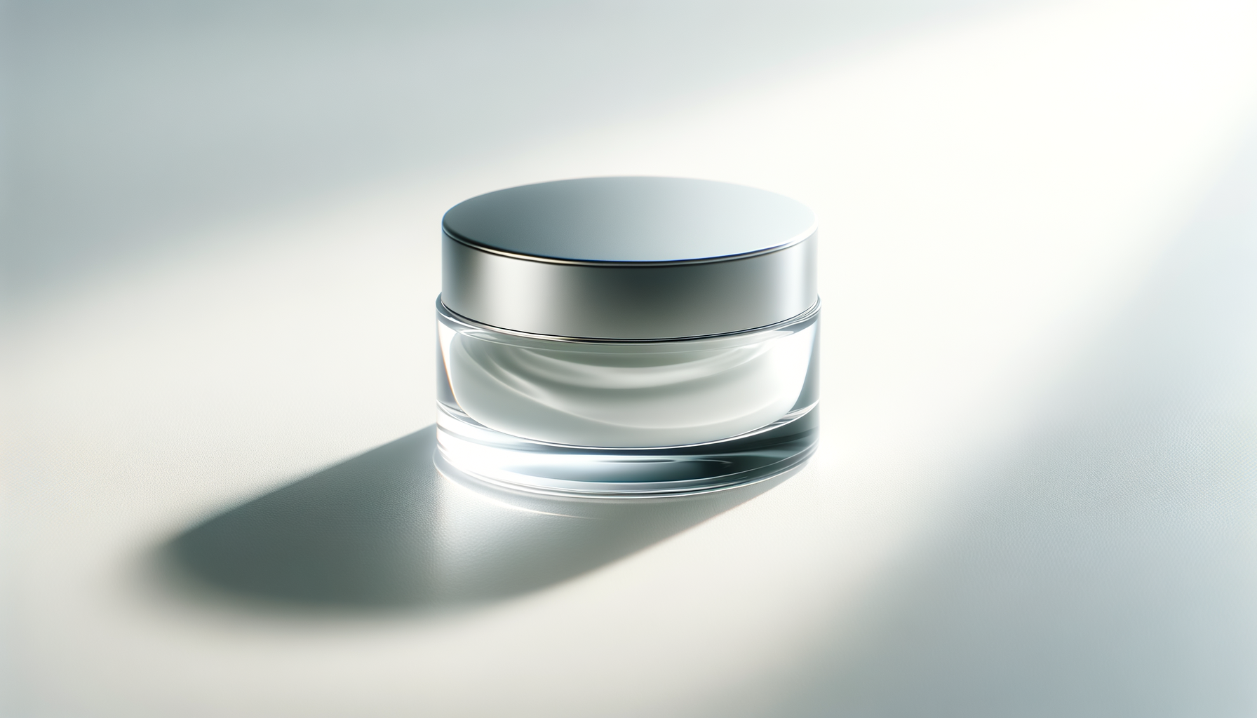 A small, round jar of cream with a sleek metallic lid, placed on a light surface with shadow cast to the side.