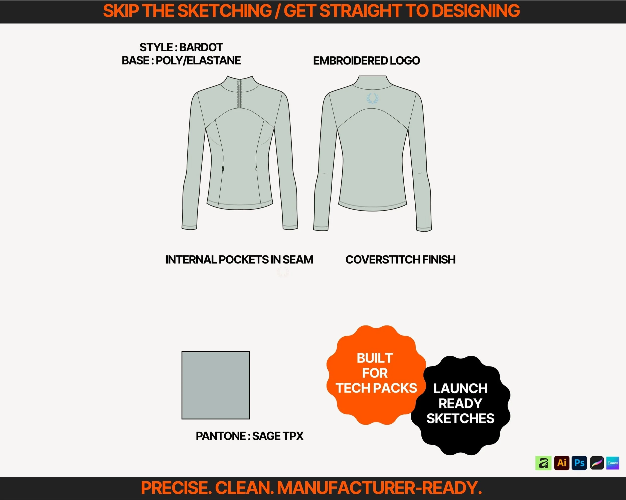 Country club apparel mockups with polished, dress-code friendly silhouettes, perfect for golf brands designing clubhouse-ready polos, skorts and dresses alongside a full tech pack template set.