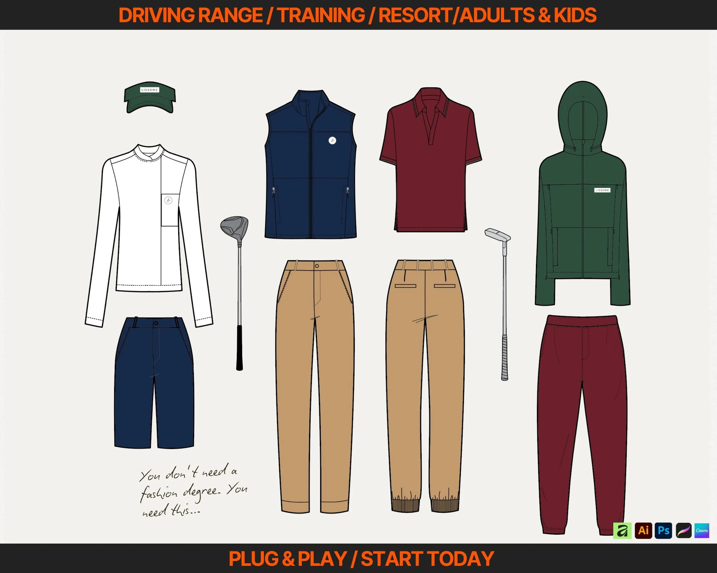 Driving range and golf athleisure vector pack including training tops, performance skorts and range-ready pieces, ideal for brands building a golf capsule that spans clubhouse and practice tee styles.