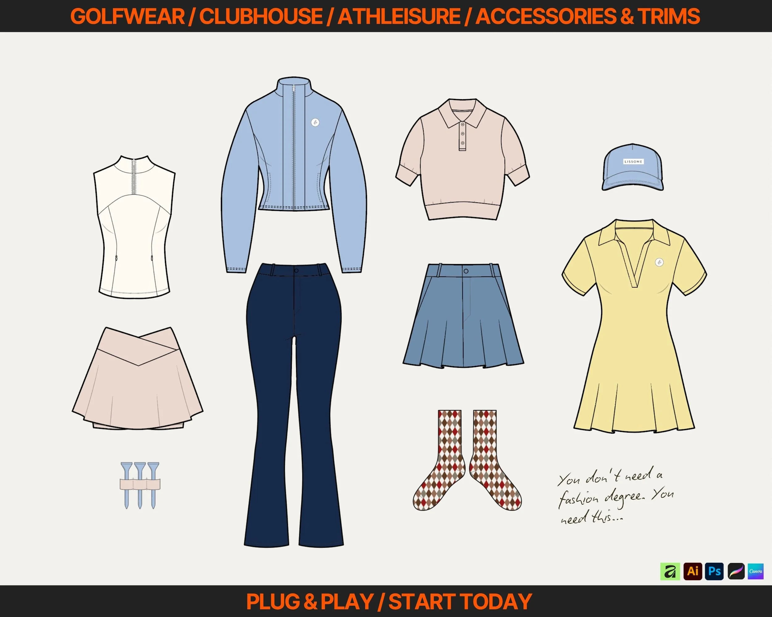 Driving range and golf athleisure vector pack including training tops, performance skorts and range-ready pieces, ideal for brands building a golf capsule that spans clubhouse and practice tee styles.