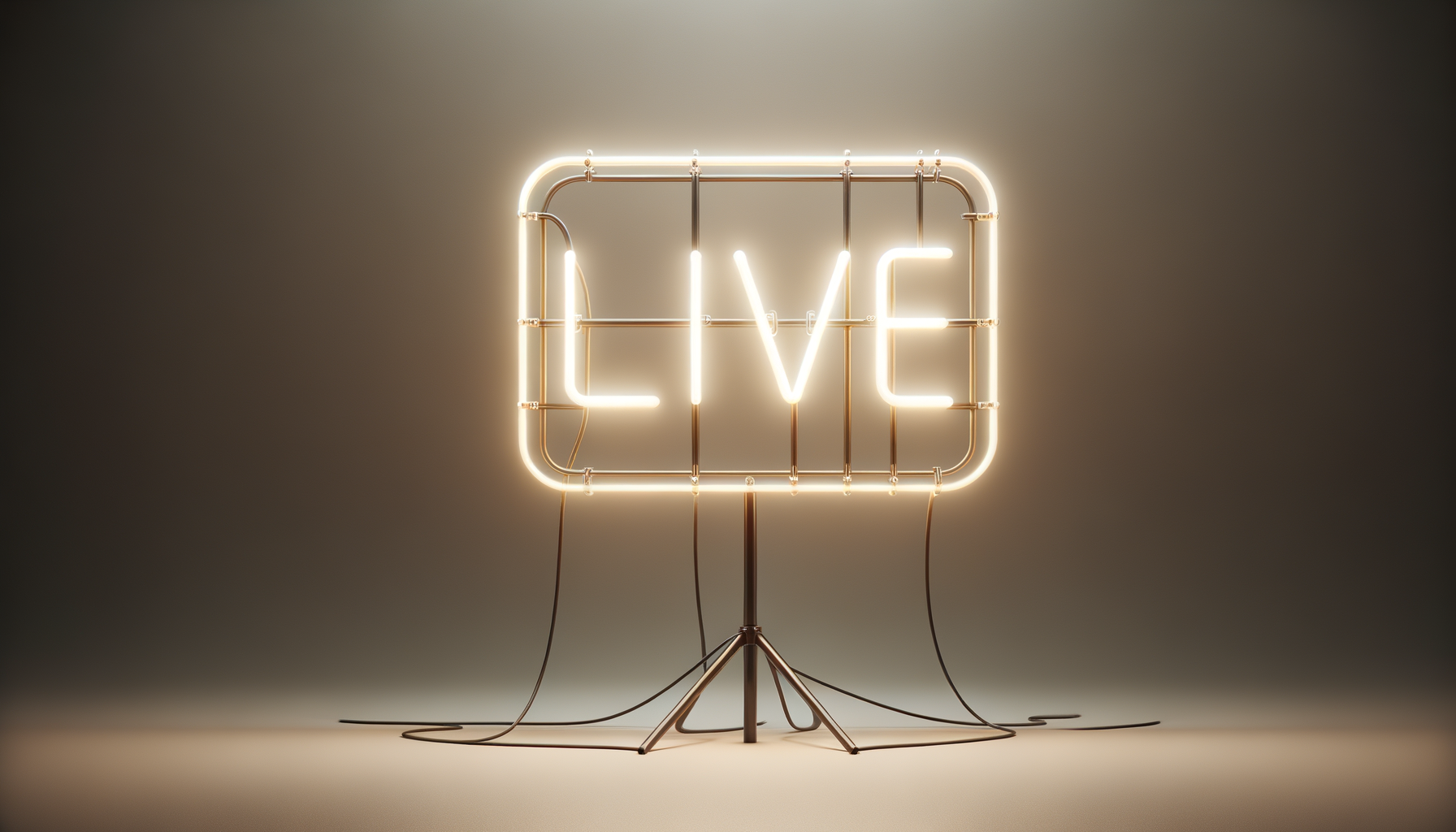 Neon sign spelling 'LIVE' on a stand with cords against a dark background.