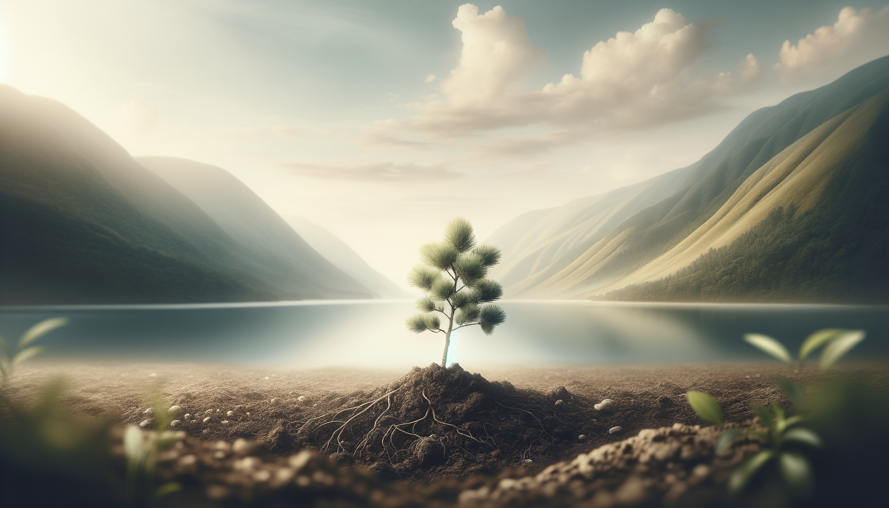 A small tree growing from soil near a calm lake with green mountains in the background and a partly cloudy sky.
