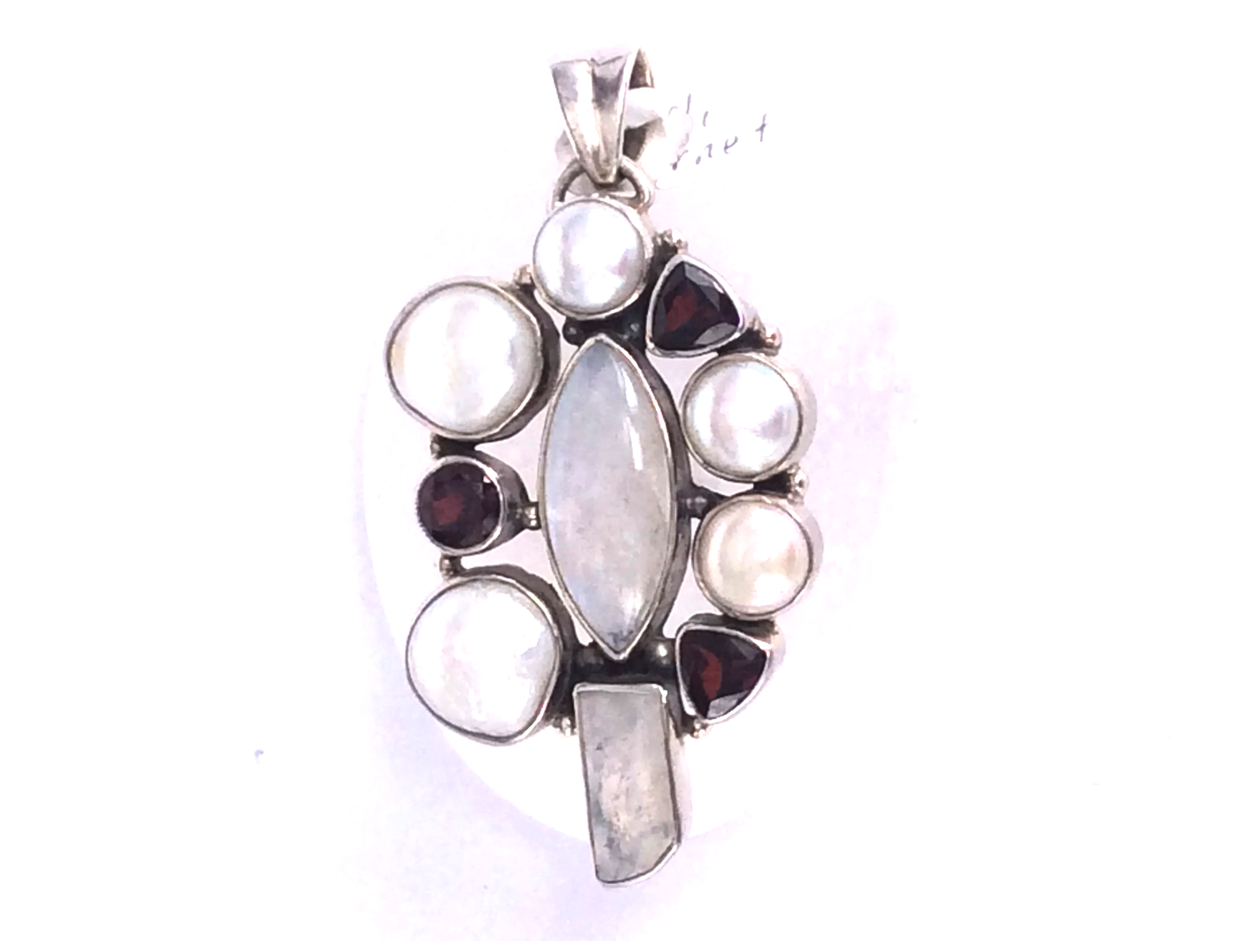 Moonstone, Garnet, Pearl in Sterling Silver Pendant