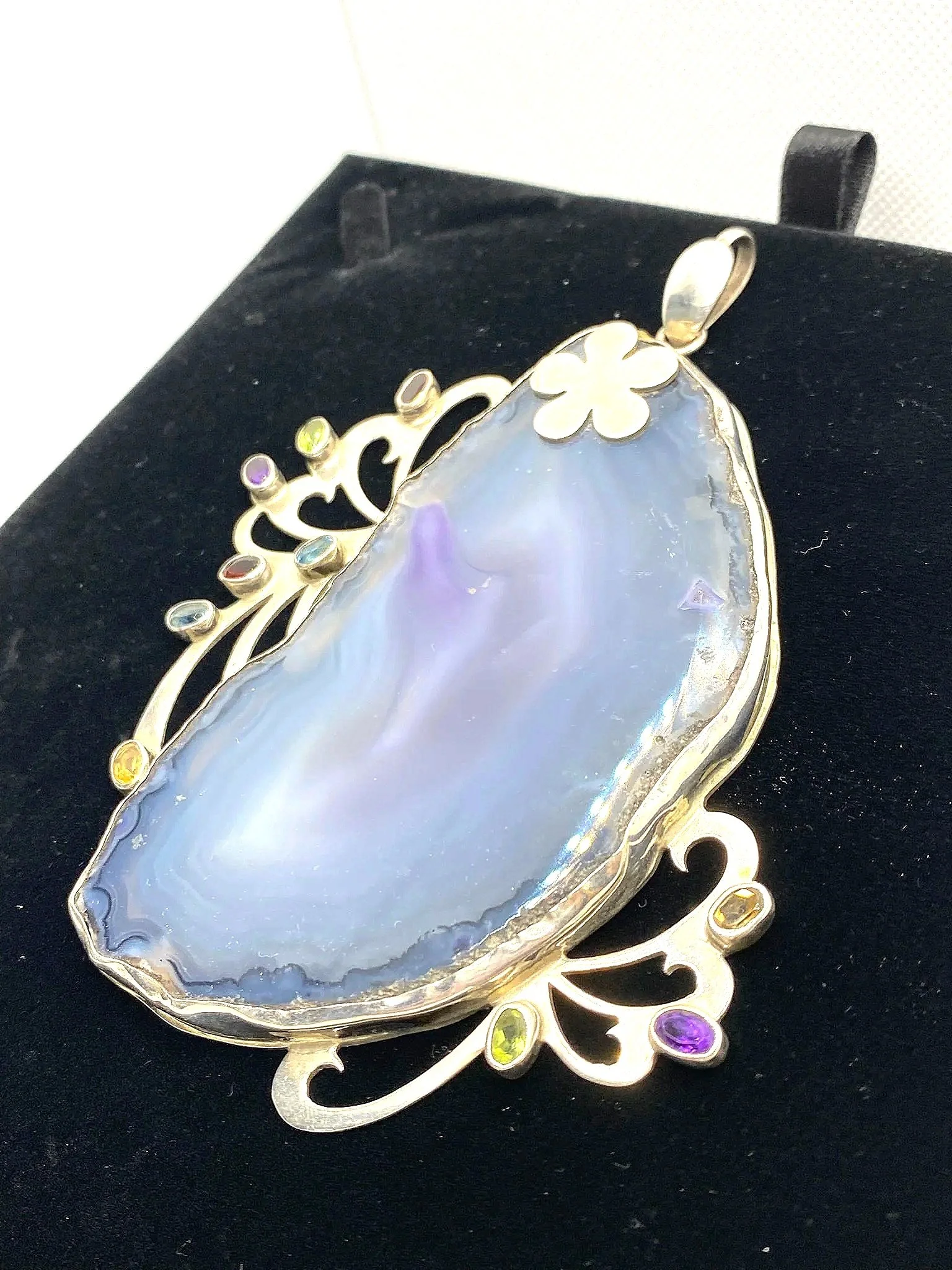 Agate Slice Floral with Chakra Stone Encased in Sterling Silver