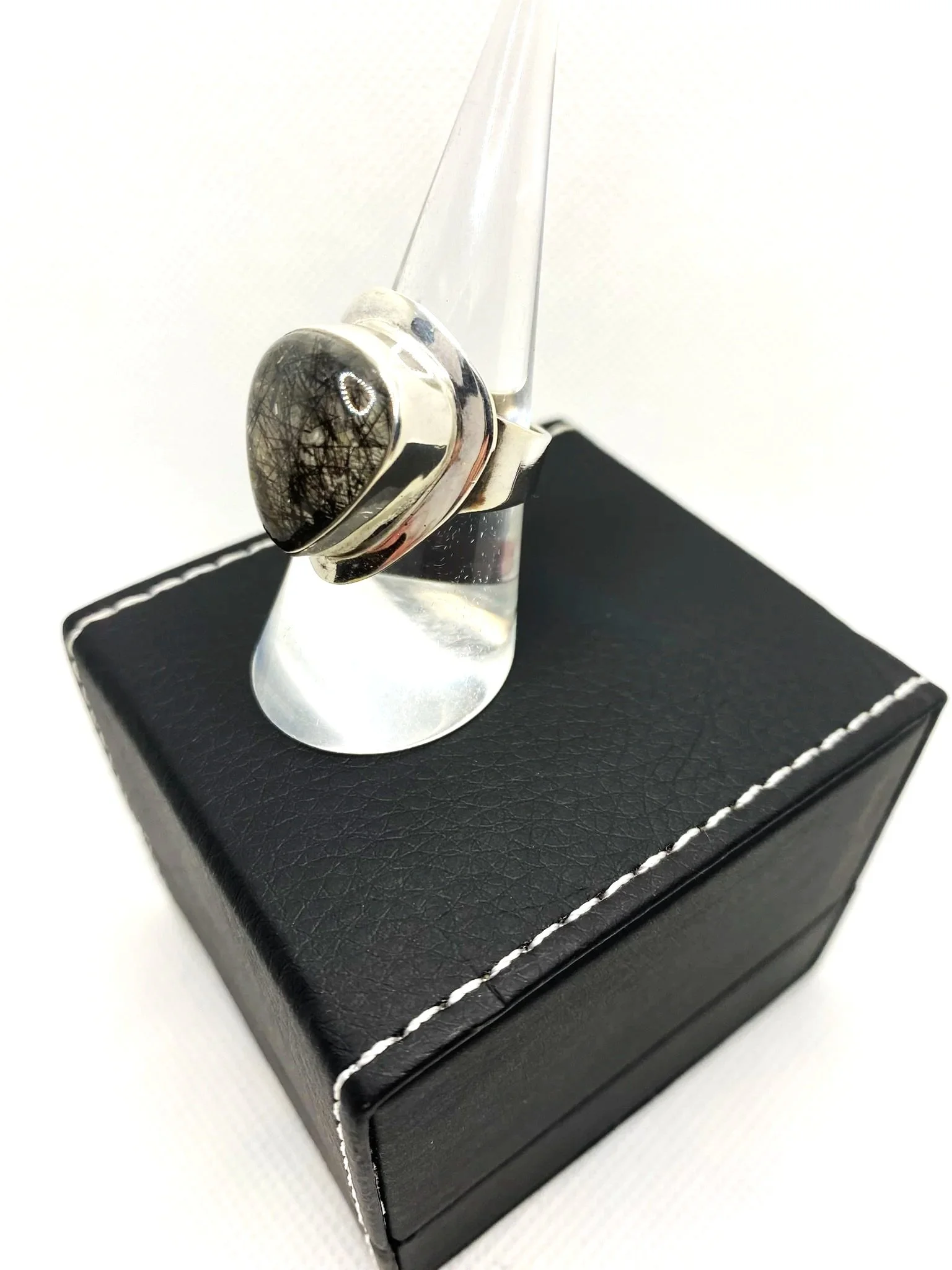 Rounded Teardrop Tourmalinated Quartz (S7) Sterling Silver Ring