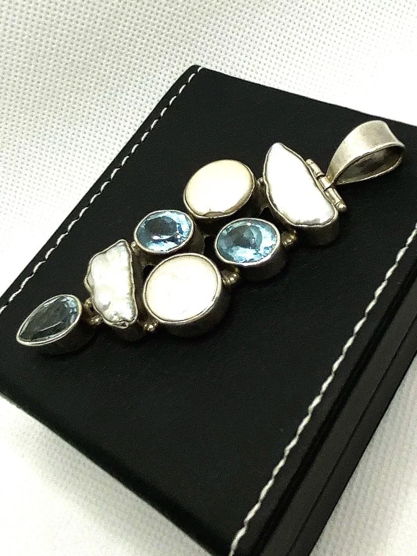 Blue Topaz & Pearl Drop Pendant Sterling Silver