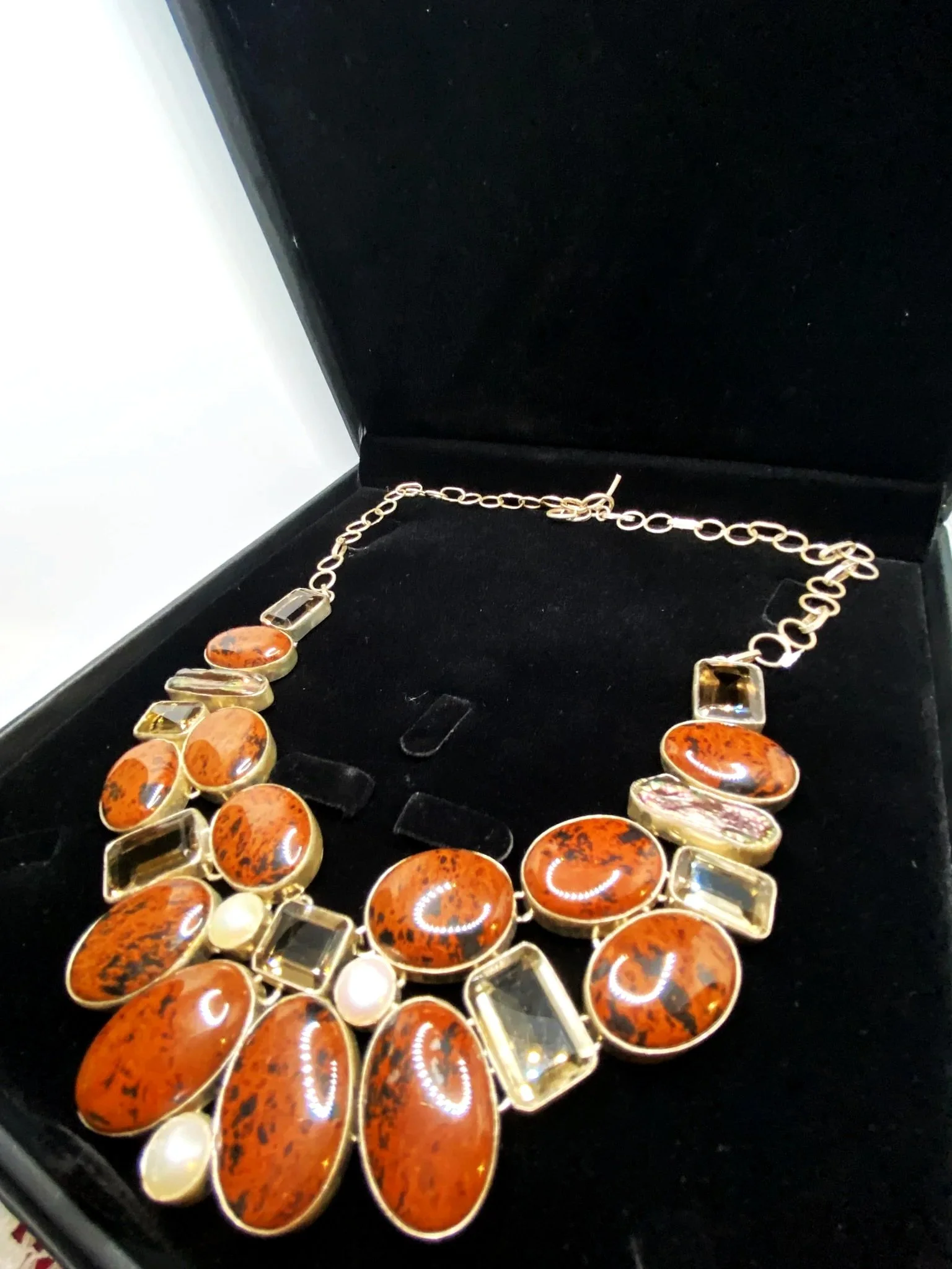 Mahogany Jasper with Pearl, Smokey Quartz & Lemon Quartz in Sterling Silver Necklace
