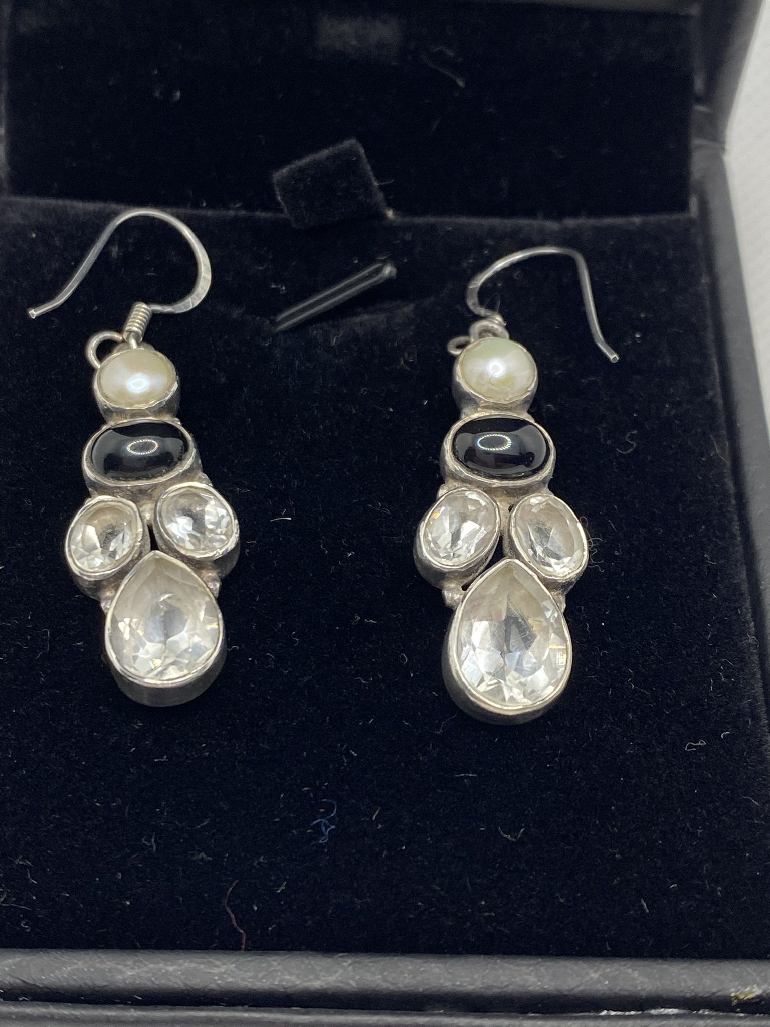 Onyx, Pearl and Clear Quartz Earrings
